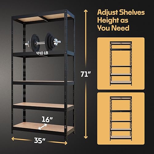 Miniatura 2 de Estantes de almacenamiento 5 estantes de almacenamiento resistentes con capacidad de carga total de 2,200 libras, 440 por estante de almacenamiento,