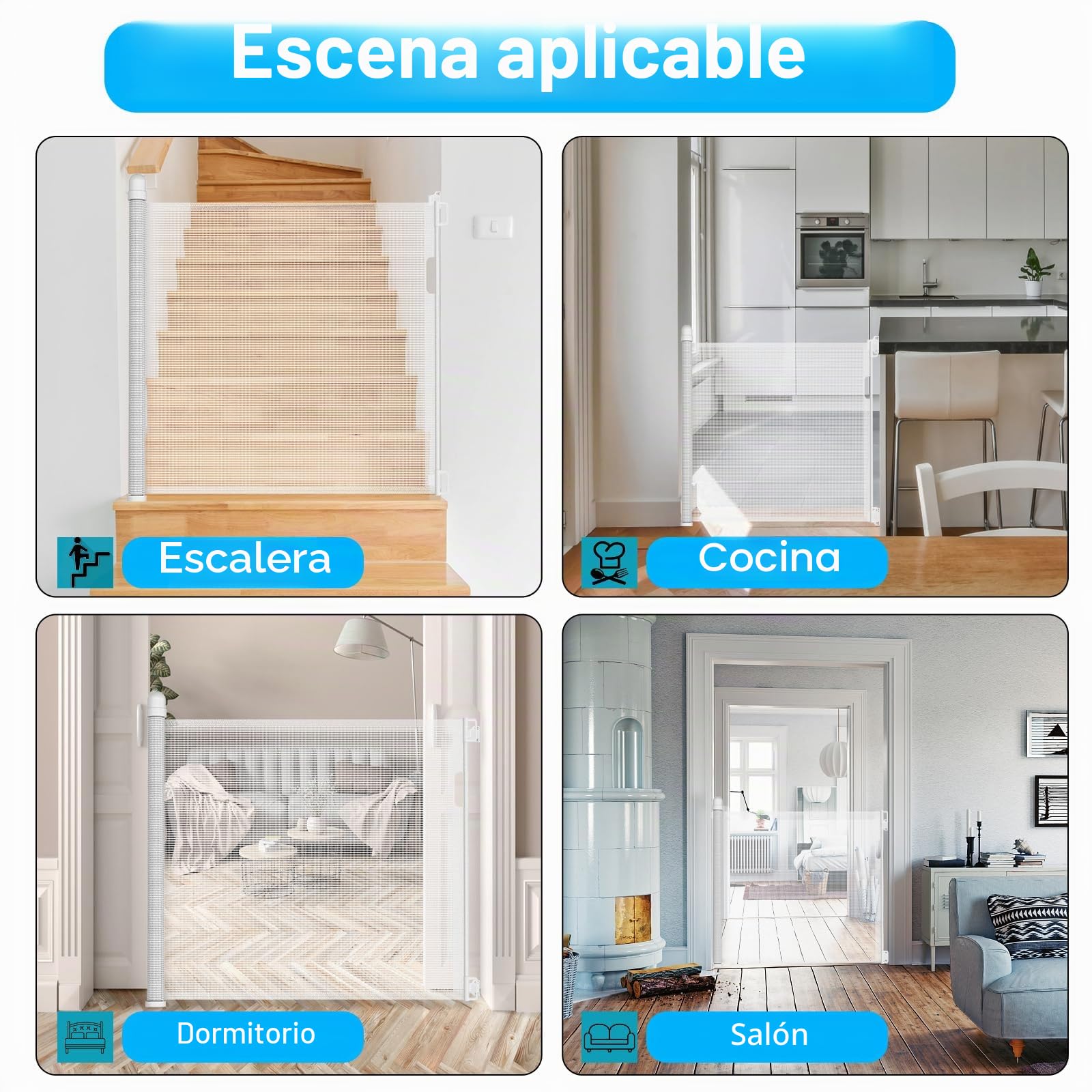 Rejilla de protección para escaleras, extensible para bebés y mascotas, protección para escaleras, puertas, interiores y exteriores (0-180 cm, 87 cm de alto, blanco)