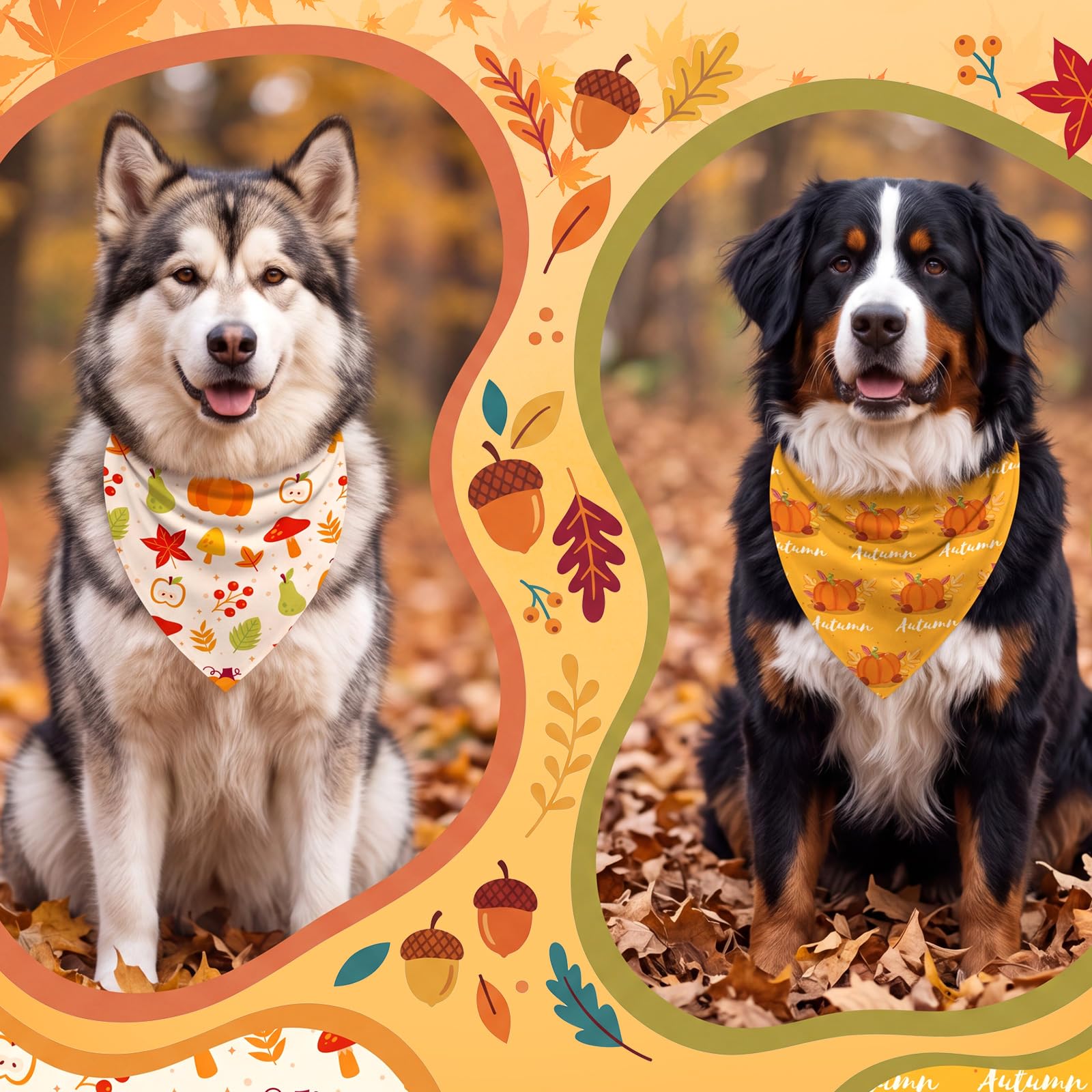 Abbylike Lot de 50 bandanas d'automne pour chien en vrac, feuille d'automne, citrouille, gland champignon | Ensemble de bavoirs triangulaires pour animaux de compagnie, accessoires photo, 25 styles, 80 x 55 x 55 cm