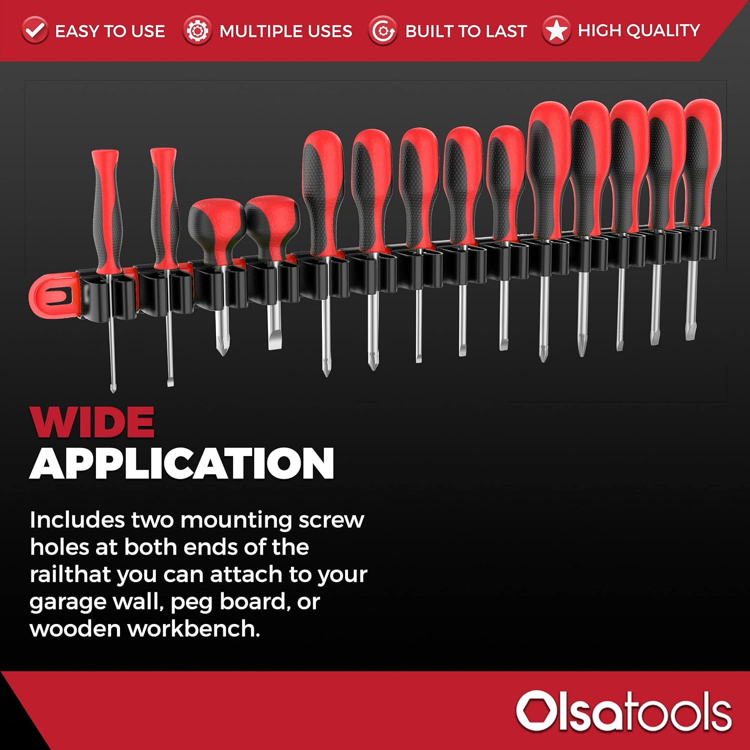 Olsa Tools Premium Wall-Mount Screwdriver Organizer - Red Nylon with Black Clips - Holds 14 Screwdrivers - Part: 1030