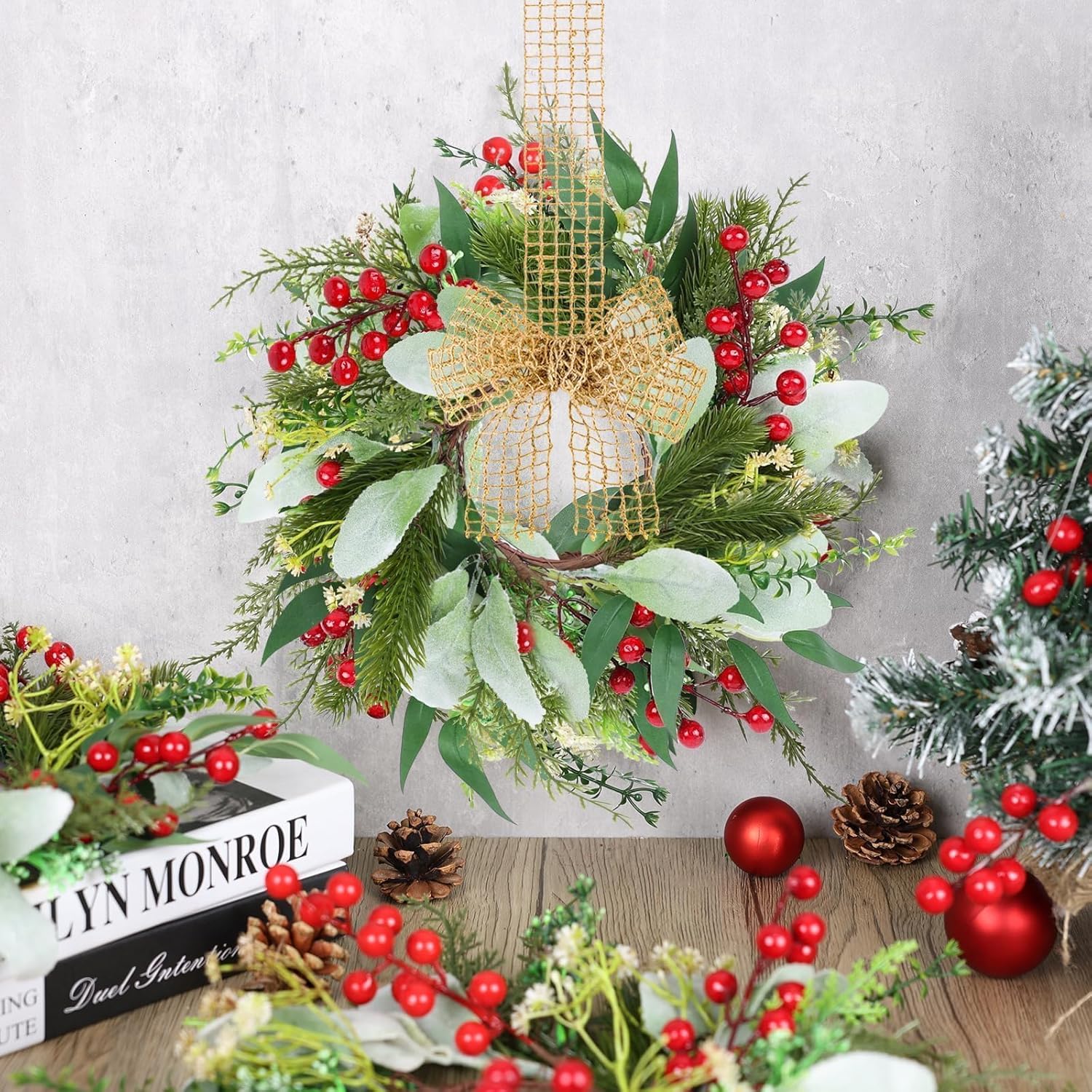 6 Pcs 9 Inch Mini Christmas Lambs Ear Wreaths for Kitchen Cabinet Small Eucalyptus Wreaths Xmas Lambs Ear Candle Rings Wreath for Christmas Front Door Porch Wall Window Indoor Outdoor Decorations