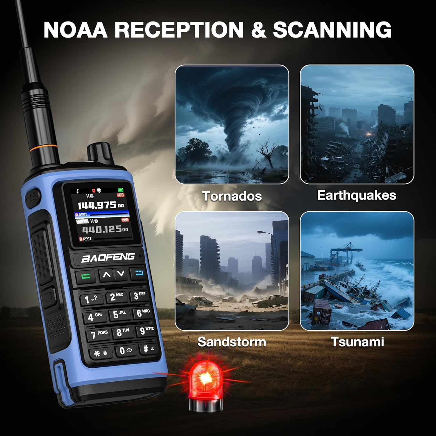BAOFENG UV-7B radio displaying NOAA weather frequency, surrounded by images of natural disasters like tornadoes, earthquakes, sandstorms, and tsunamis, indicating its use for emergency alerts.