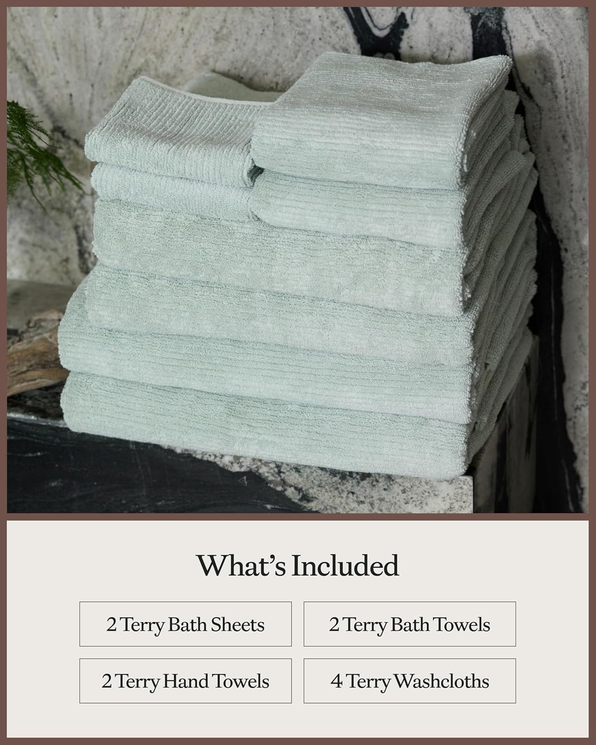 Cozy Earth Complete Ribbed Terry Bath Bundle - 60% Cotton 40% Viscose from Bamboo - Soft & Absorbent Cotton Bath Towel Set - 4 Washcloths, 2 Hand Towels, 2 Bath Towels, 2 Bath Sheets - Laurel
