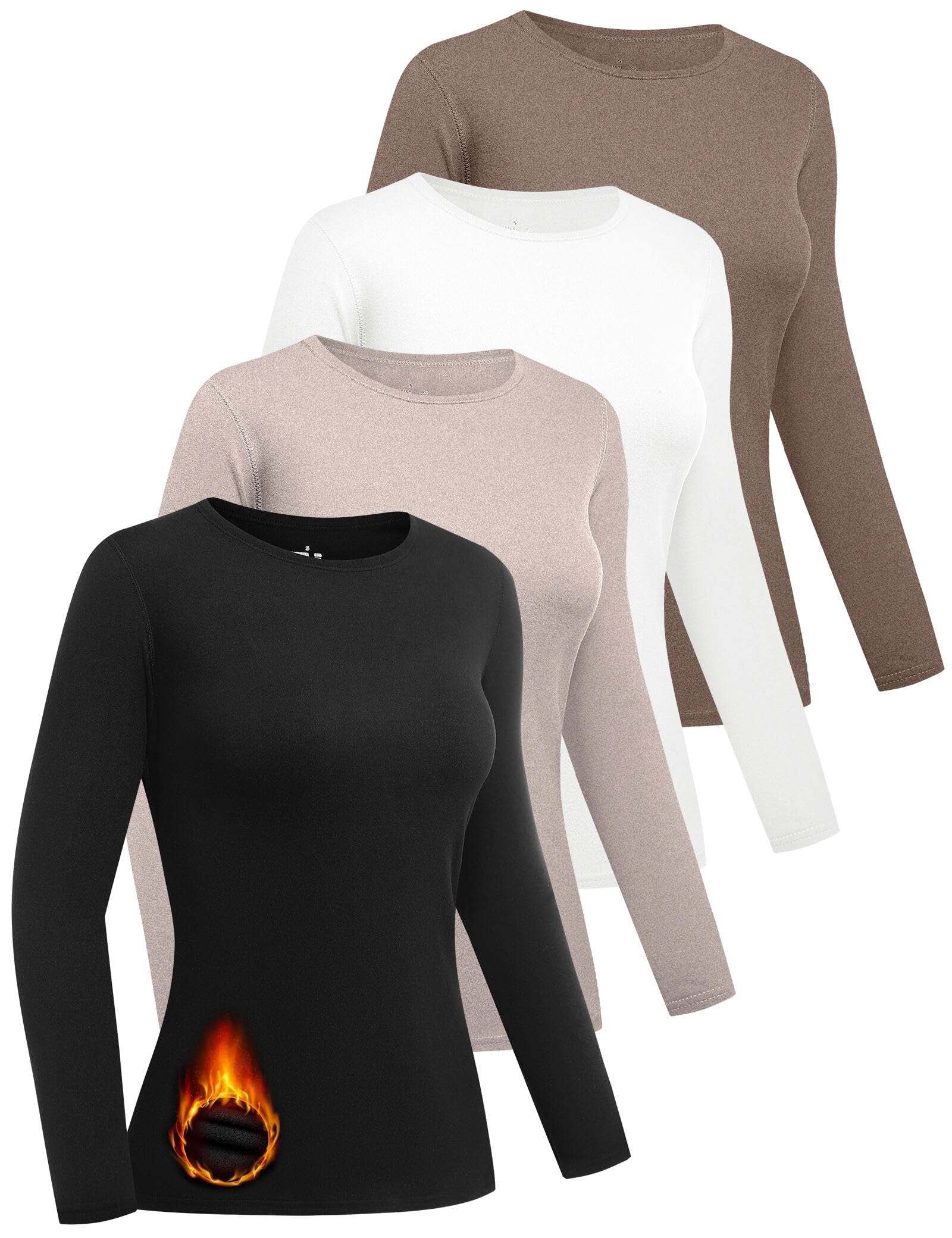 Dalavch 4 Pack Women Thermal Long Sleeve Shirts Crew Neck Double-Sided Fleece Lined Base Layer Undershirt Tops Cold Weather