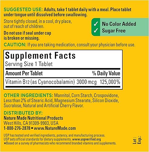 Miniatura 5 de Nature Made Vitamina B12 sublingual de 3000 mcg, suplemento dietético para apoyo del metabolismo energético, 40 micropastillas, suministro para 40