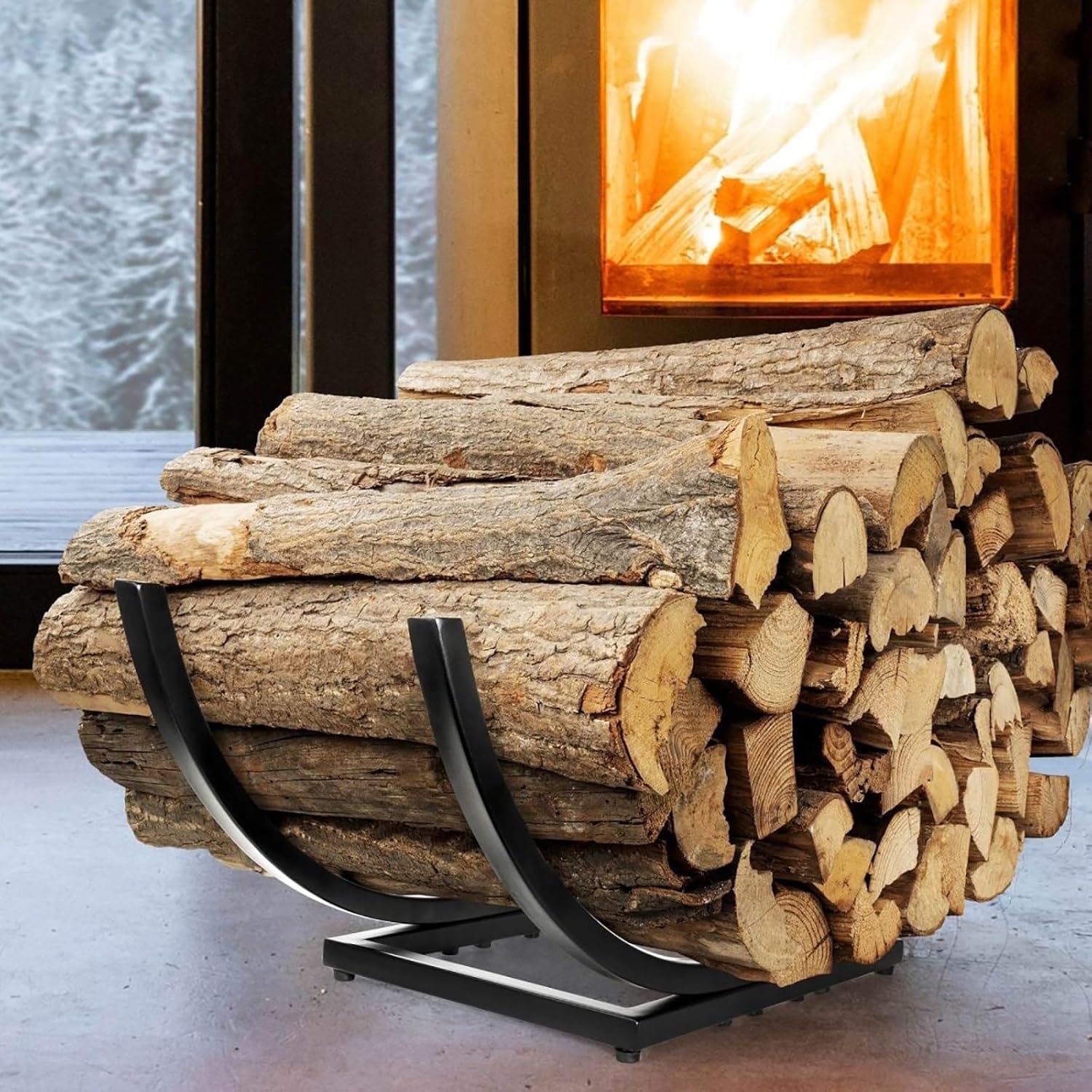 Curved Firewood Rack: Indoor/Outdoor for Fireplace Wood Storage - Fireplace Wood Rack Log Holder - Metal Lumber Storage Carrier Organizer,