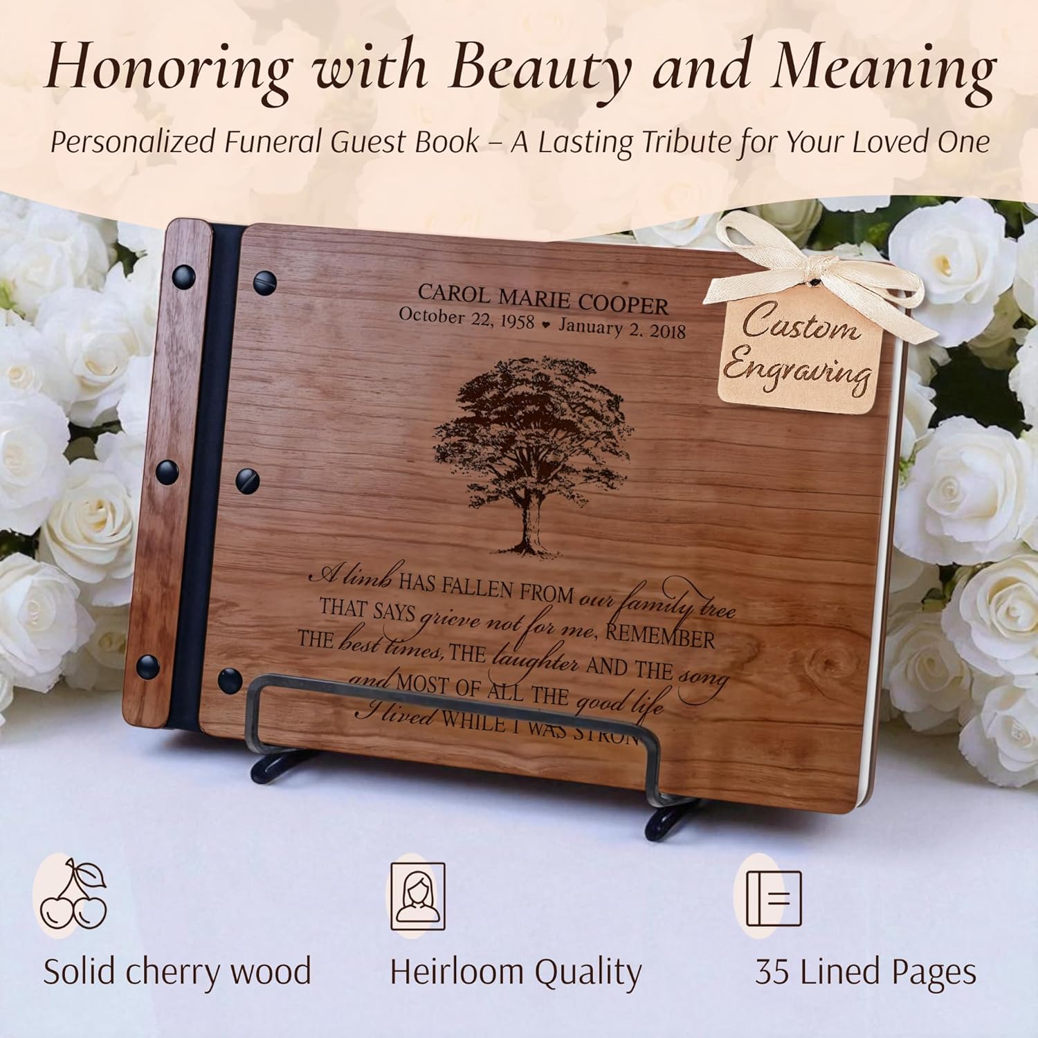 LifeSong Milestones Personalized Funeral Guest Book | Engraved Memorial Sign-in Book | Custom Tree of Life Wooden Guest Book for Celebration of Life & Funerals (Fallen Limb Cherry)