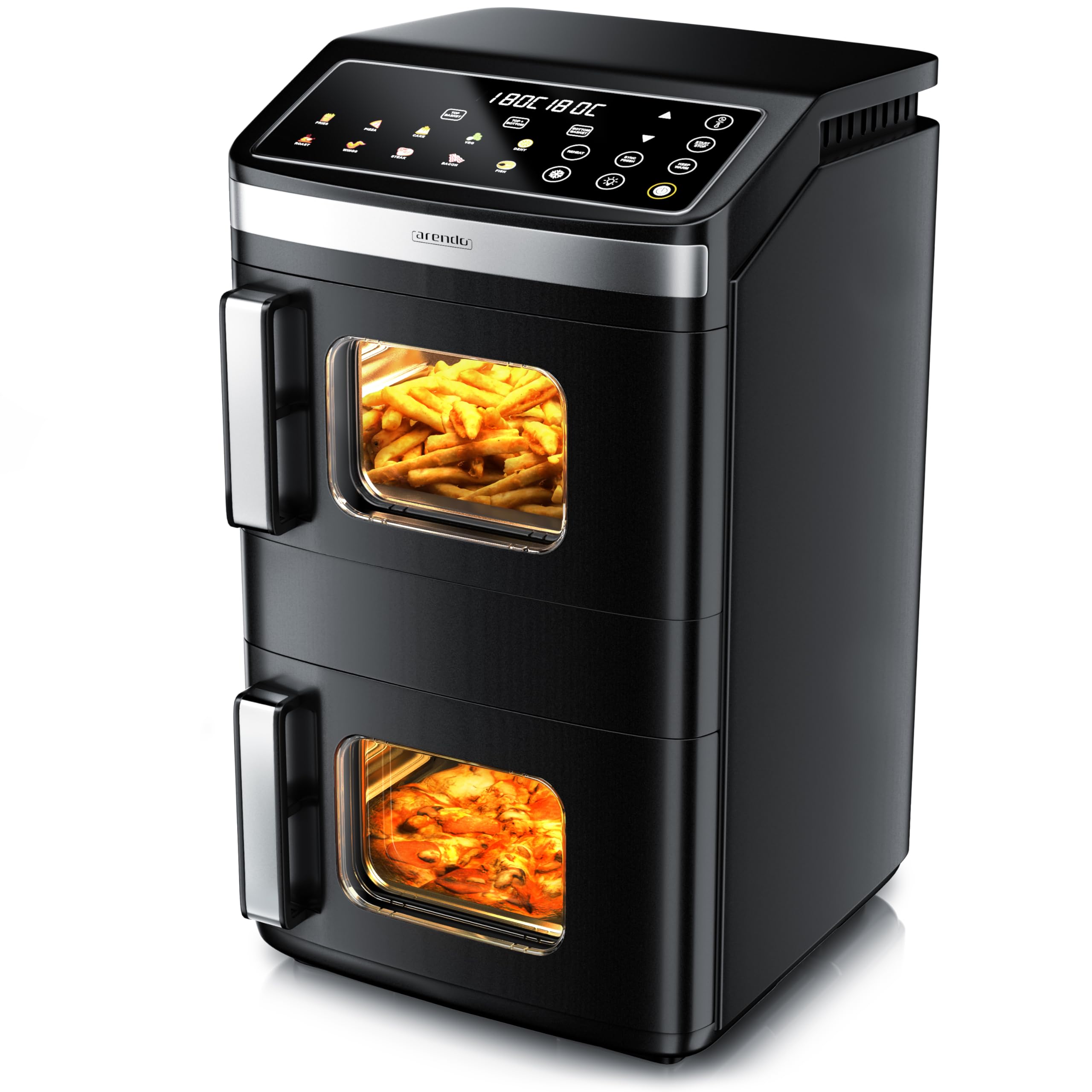 Arendo - Heißluftfritteuse 2 Kammern - XXL Dual Zone – 17 Liter – 2800 W – 2 Zonen – Touch Bedienfeld – mit Sichtfenster – Synch- und Match-Funktion – Doppelstöckig – 3D Umluftsystem