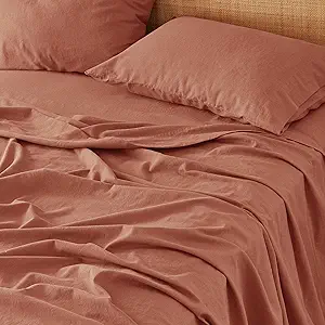 Bedsure Linen Sheets - Queen Size Bed, Blend from Linen Cotton Bedsheets, Breathable Cotton Bedsheets, Gifts for All Seasons, 4 Pieces, Terracotta