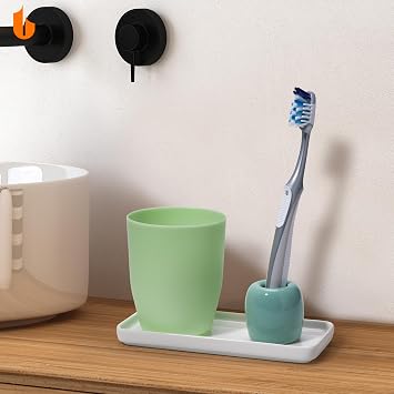 Urbanstrive Ceramic Toothbrush Holders for Bathrooms, Sleek Tooth Brush Holder Toothbrush Stand Tooth Brushing Holder, Portable Bathroom Accessories Organizer, Dark Green, 2 Pack