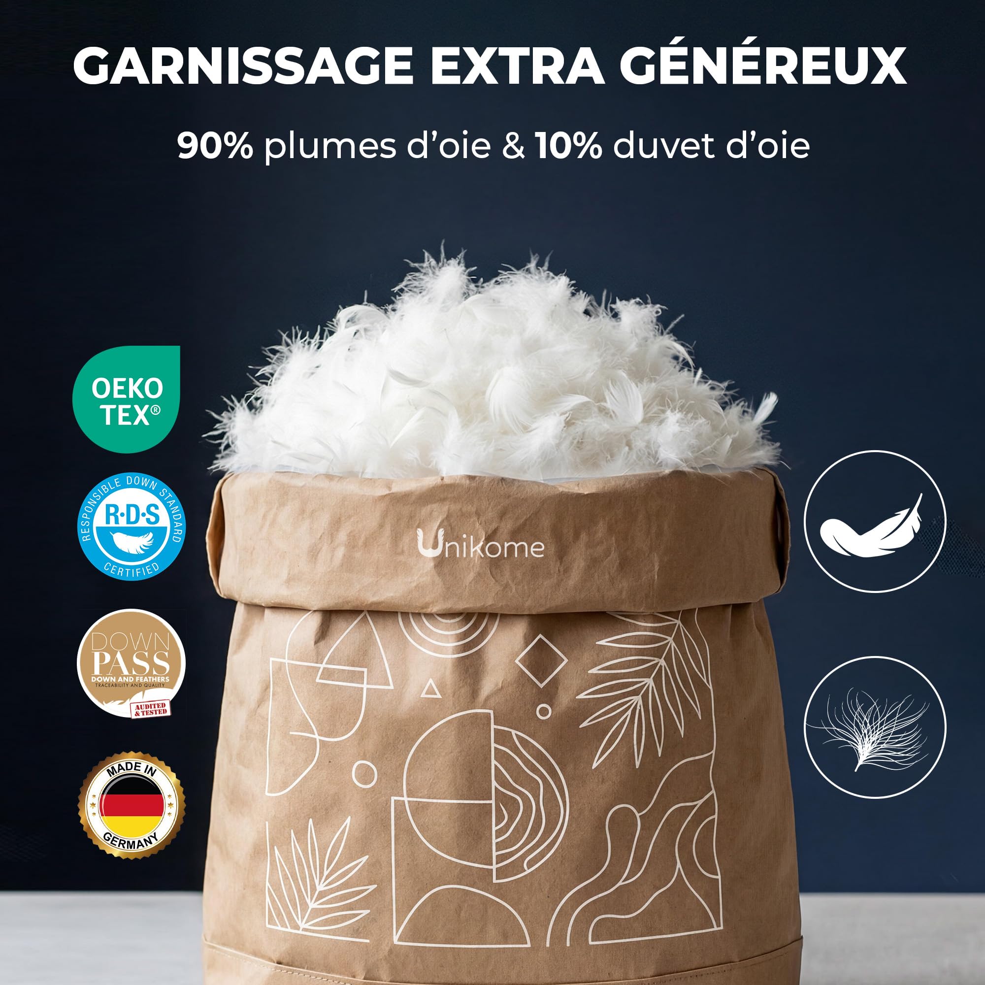UNIKOME Couette 135x200 en Duvet, Couette Toutes Saisons avec 1500g de garnissage en Duvet et Plumes, 100% Coton, fabriquée en Allemagne, certifiée Oeko-Tex, Downpass et Nomite, Lavable