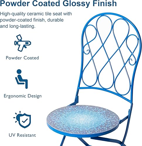 Miniatura 3 de Glitzhome Sillas plegables bistró de 36.5 pulgadas de alto, con marco de metal azul y patrón de azulejos de cerámica, sillas de jardín y patio,