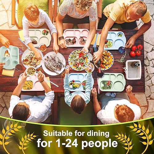 Miniatura 5 de Gerrii Juego de 24 platos divididos a granel, 5 compartimentos de plástico para niños y adultos, aptos para microondas y lavavajillas, vajilla