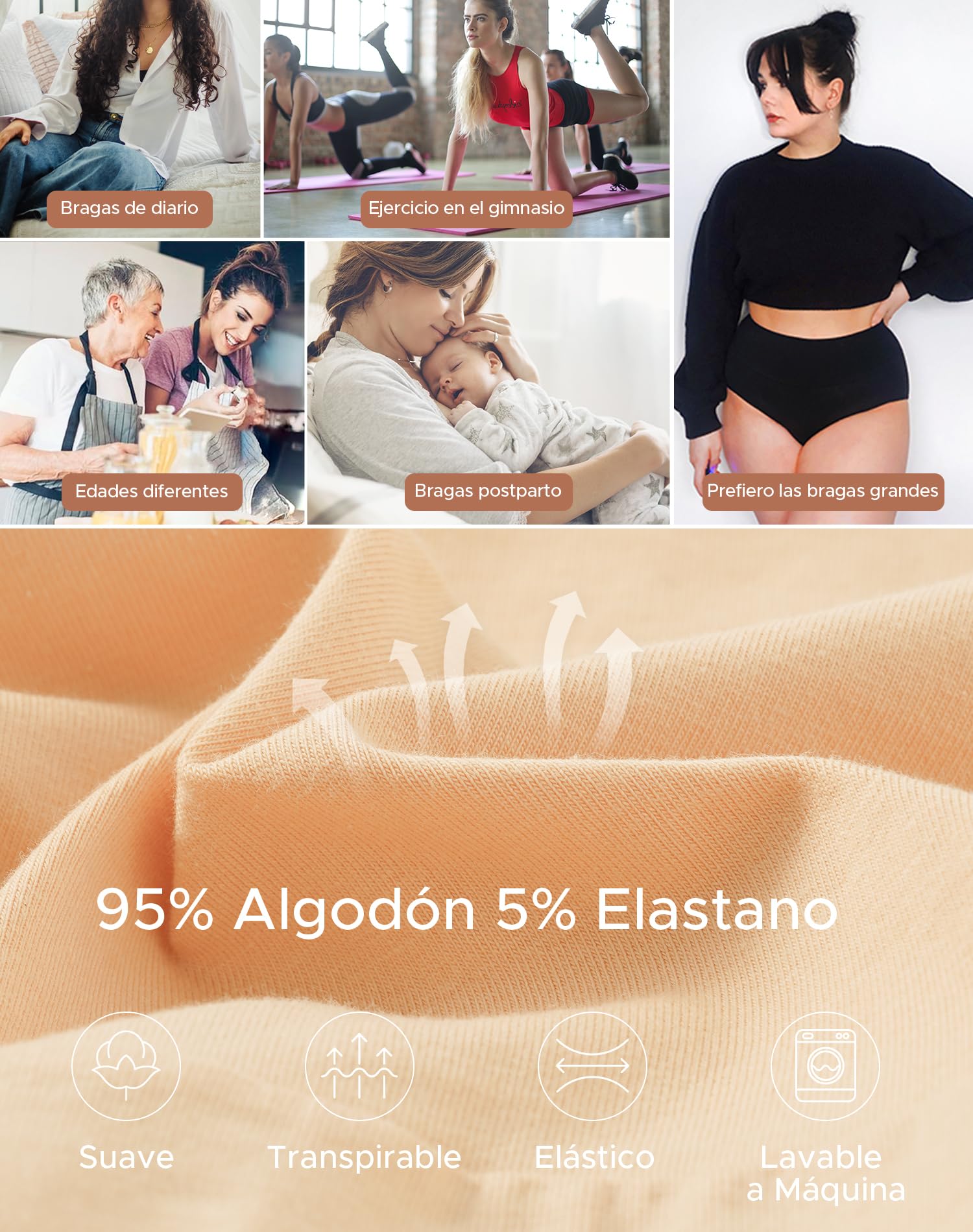 INNERSY Bragas Mujer Algodón Altas Culotte Elástico Pack de 5