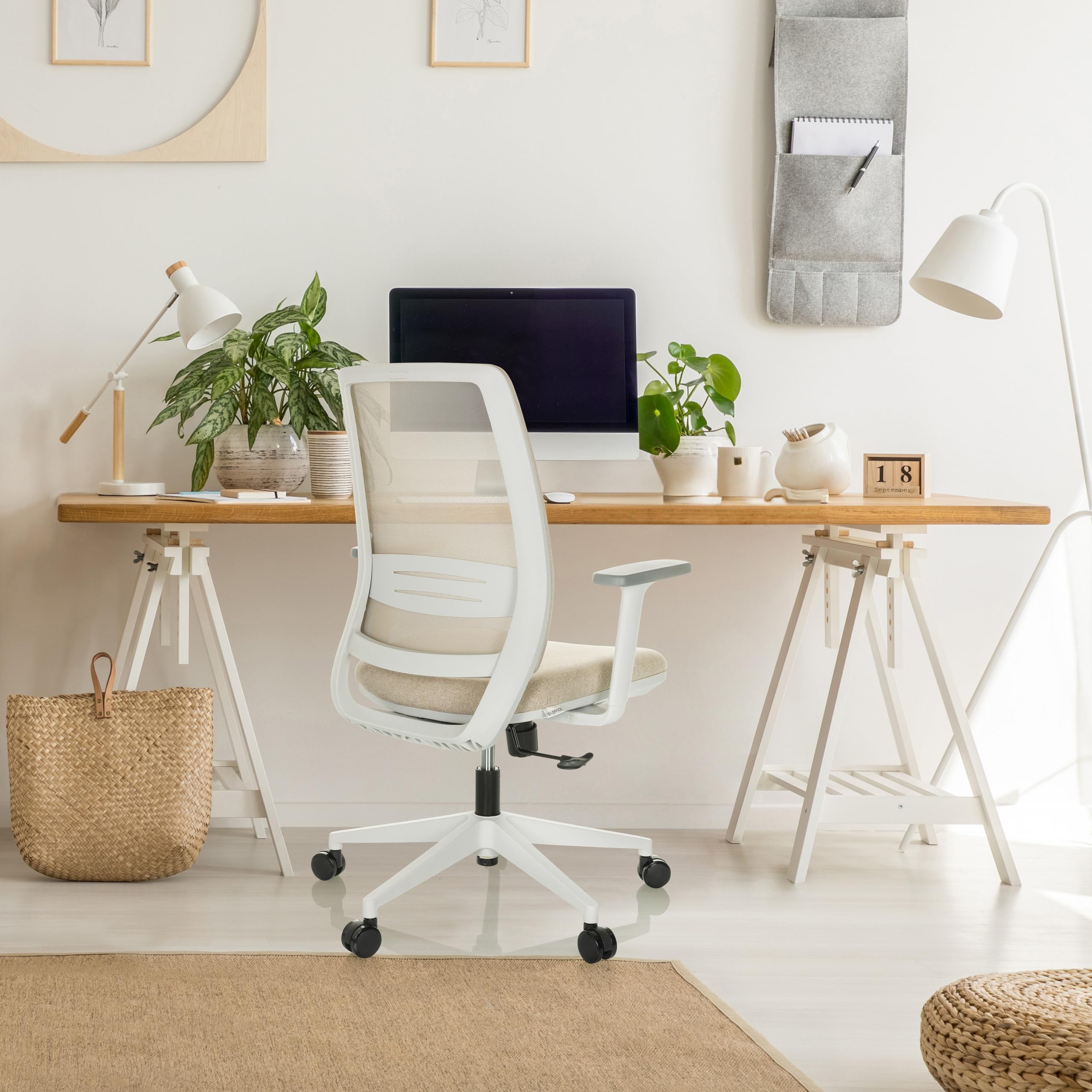 hjh OFFICE Bürostuhl ergonomisch PROFONDO ECO W Drehstuhl atmungsaktiv mit Verstellbarer Lordosenstütze, Beige Netzstoff/Stoff