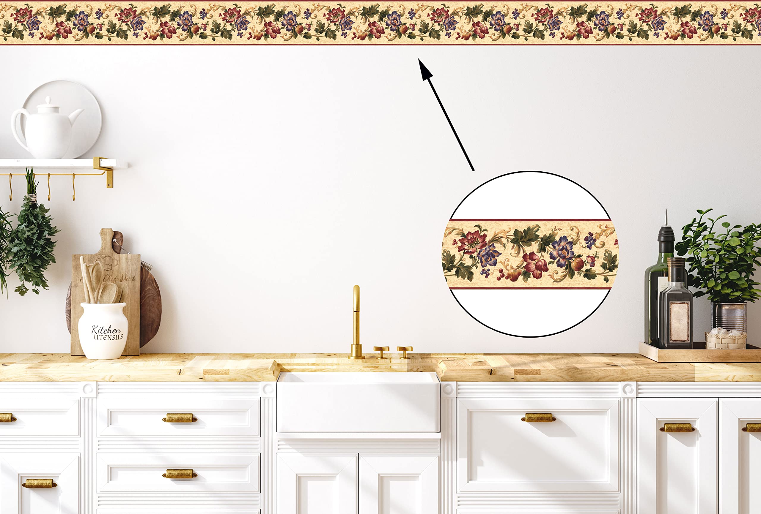 Concord Wallcoverings Floral Wallpaper Border - 15ft X 9in, Pre-Pasted For Kitchen & Dining