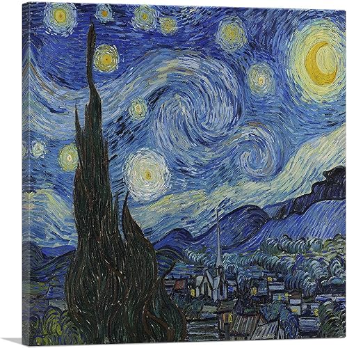 ARTCANVAS Vincent Van Gogh - Lienzo decorativo cuadrado de 1889 con diseño de The Starry Night (1889), pintura enmarcada y estirada, póster de pared