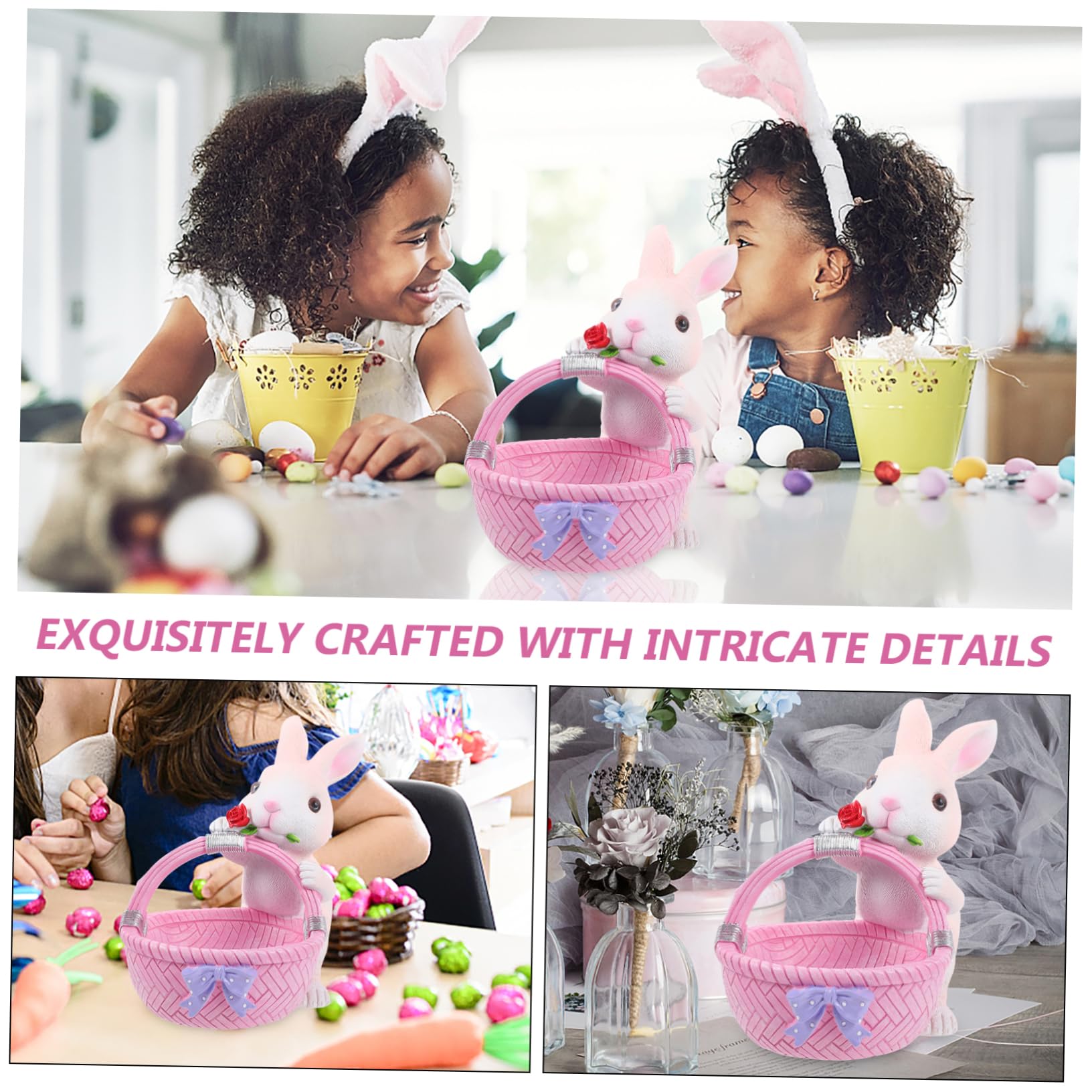 ABOOFAN Coniglio Pasquale e Soluzione di Storage in Resina Decorazione Ornamento Adorabile a Forma di Cestino Rosa per Casa per Tavola di Pasqua