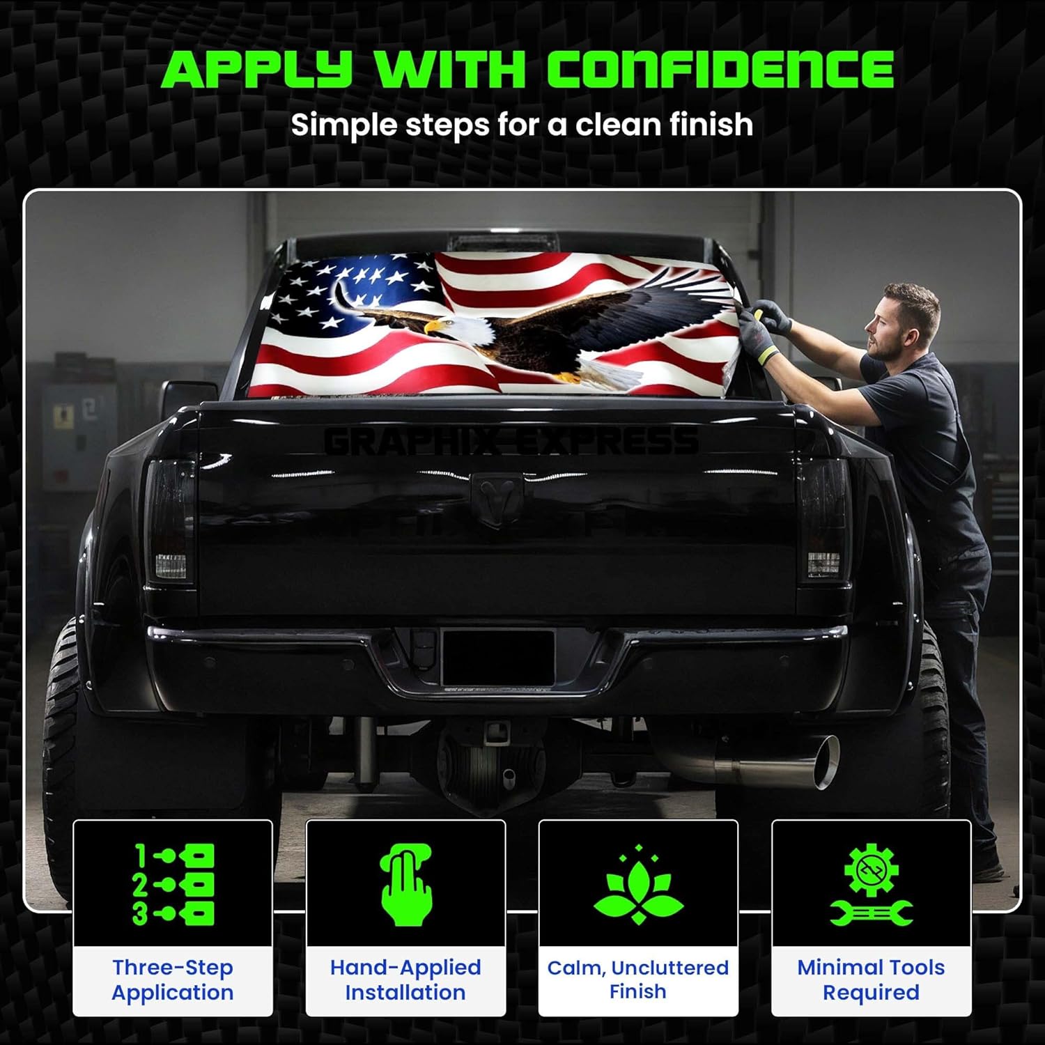 GRAPHIX EXPRESS Truck Back Window Graphics (P325) Bald Eagle American Flag | Universal See Through Rear Window Decals for Vehicles | Cool USA Flag with Eagle Automotive Decals for (Ram) Trucks