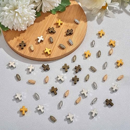 Miniatura 3 de BEEFLYING 60 cuentas mixtas de cruz de la Virgen María tibetana católica y cruz, cuentas ovaladas de religión católica, para hacer pulseras, joyas,