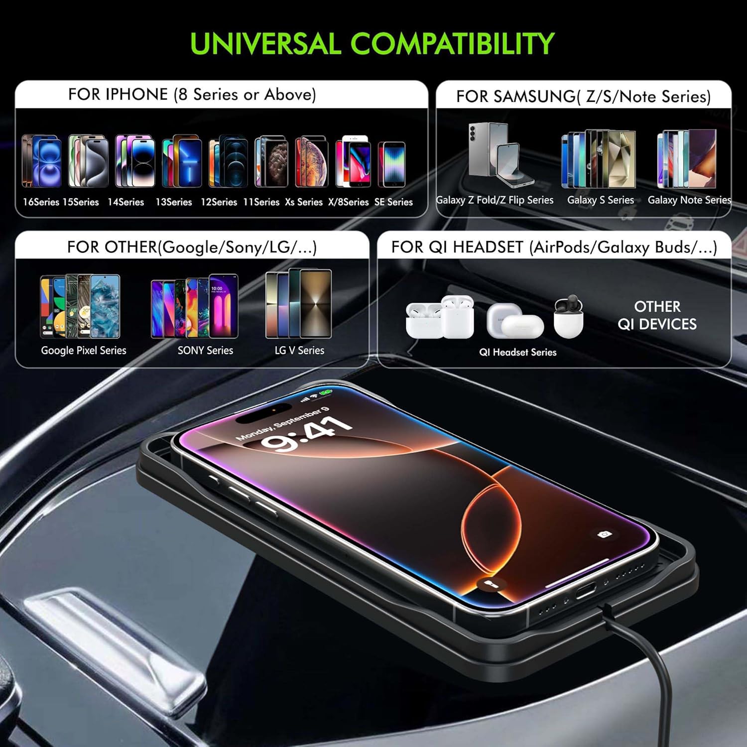 Wireless Car Charger,LANSEMKU Car Wireless Chargers Charging pad Non Slip 15w Fast Charger for Car Wireless Phone Charger for iPhone 16/15/14/13/12 Pro Max,Samsung for Android (Black-100cm Cable)