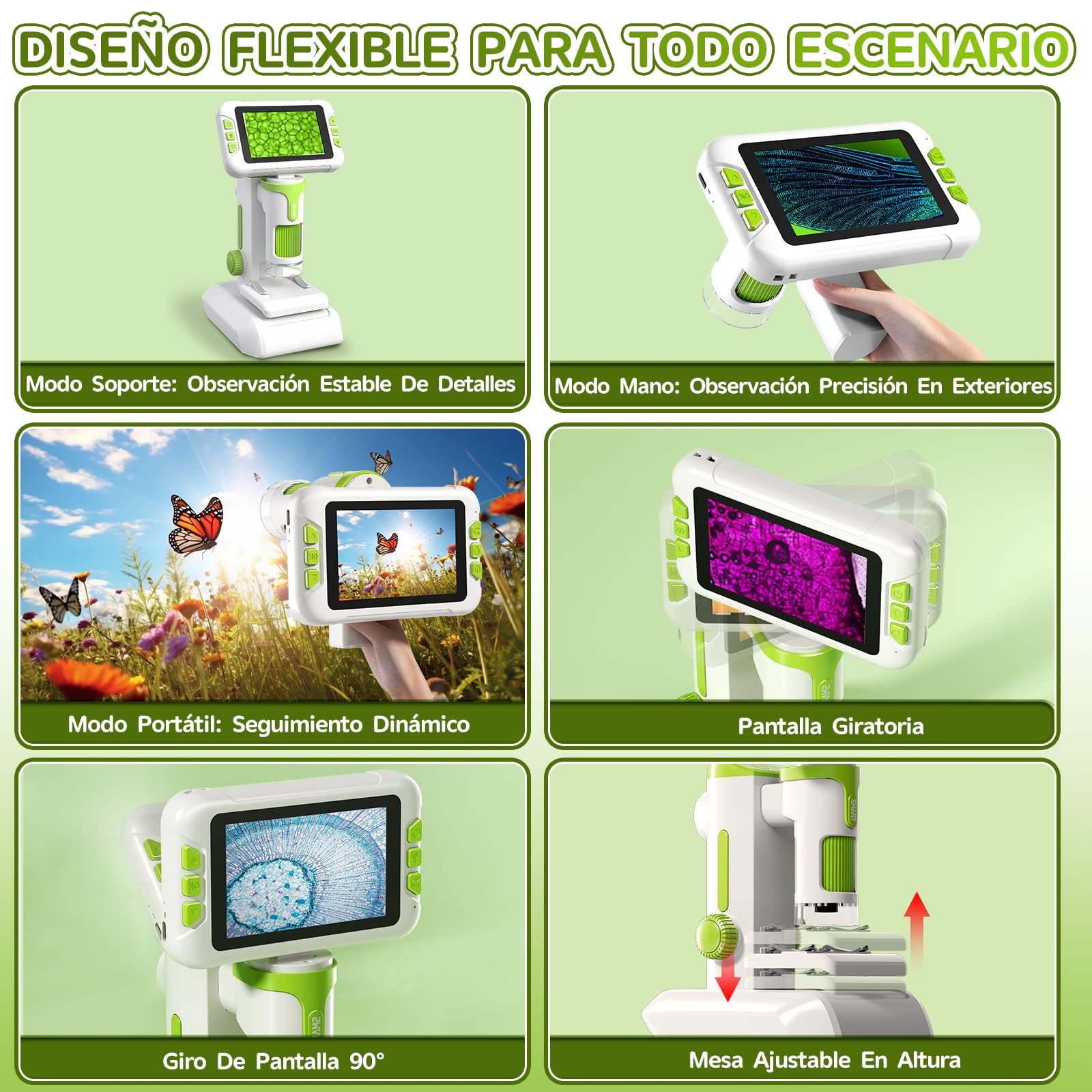 Charmofun Microscopio para Niños, Microscopio Portátil Niños con Tarjeta de Memoria de 64G, Microscopios Digital Infantil con Pantalla LCD de 4", Aumento 1600X, Fotos y Videos, Función Portátil y Fija