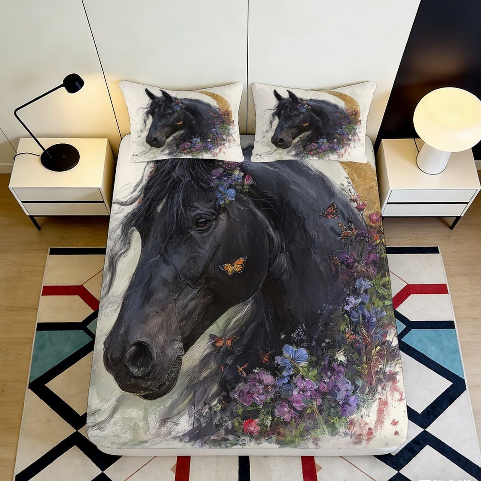 Wtorimpel Style-9 Horse 3D Printed Fitted Sheet Microfiber Deep Pocket Non-Slip Bedroom Bedding Horse Mattress Fitted Cover Washable 140X200x25cm