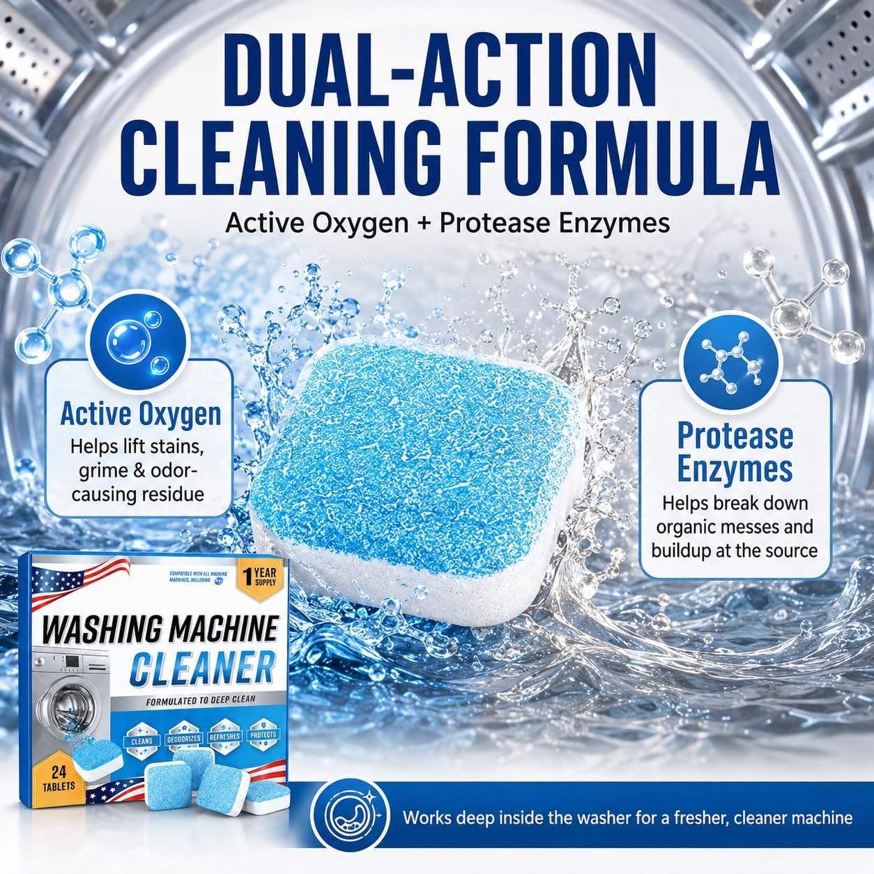 Washing Machine Cleaner Tablets, 24 Pack Enzyme Cleaner for Smell Washer