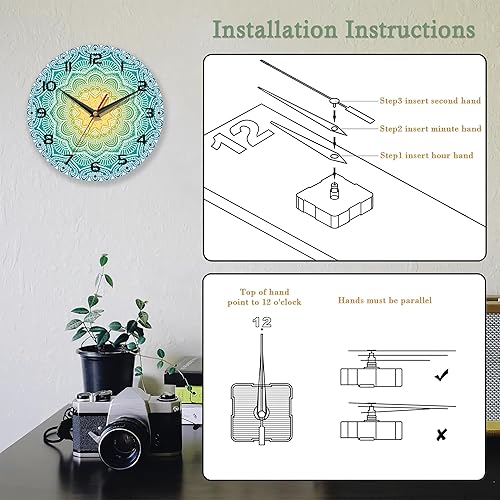 Miniatura 4 de Reloj de pared con pilas, reloj de mandala azul y amarillo para sala de estar, reloj de pared decorativo para sala de estar, dormitorio, baño y