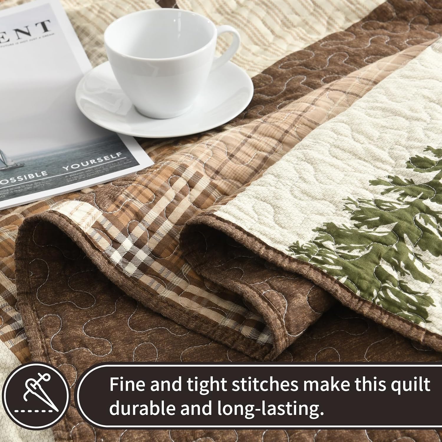 KALOOLA 100% Cotton Lodge Quilt Set Queen Size, Rustic Cabin Bedding Set with Bear Deer Pine Tree Pattern, Includes 2 Pillow Shams, Lightweight Reversible Quilted Bedspread, 3-Piece, Brown/Beige/Green