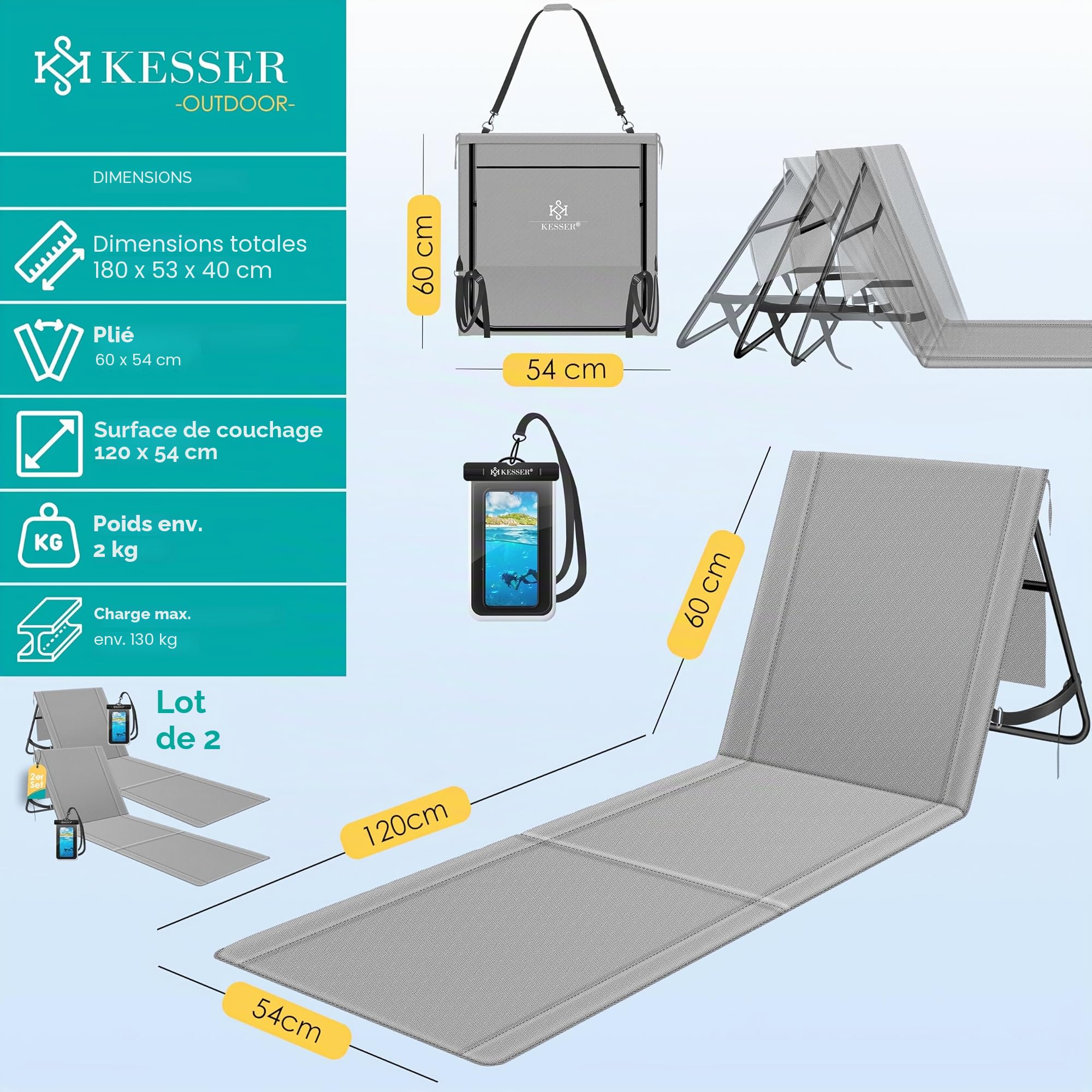 KESSER® Lot de 2 Matelas de Plage Pliables avec Dossier réglable, Sangle de Transport, Sac étanche & Rangement - Chaise Longue Pliable pour la Plage, Le Jardin & la terrasse pouvant Supporter 130 kg