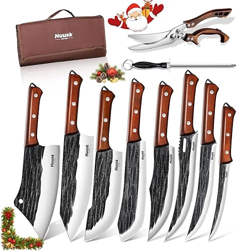 Huusk Juego de cuchillos de carnicero, juego de cuchillos de chef de carnicero forjados a mano con bolsa, cuchillos afilados para tallar carne,