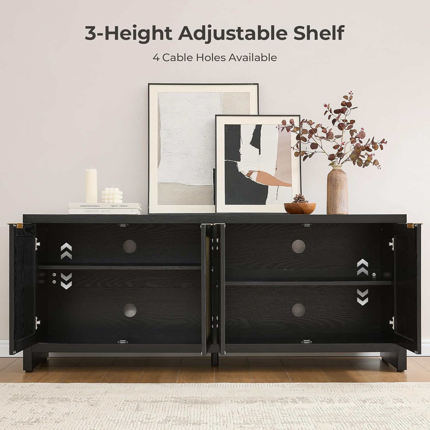 Interior view of the SICOTAS TV Stand cabinets showing adjustable shelves and cable holes.