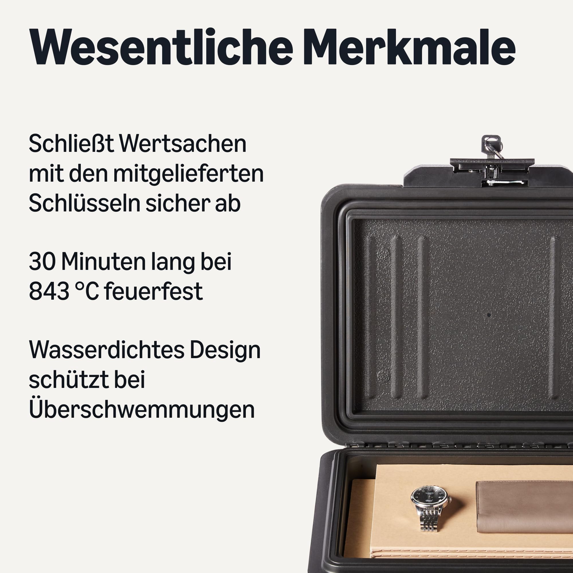 Amazon Basics Dokumentenkassette Feuer- und Wasserfest mit Schlüsselschloss, 6,2L Fassungsvermögen, UL 72 Klasse 350 zertifiziert, Schwarz