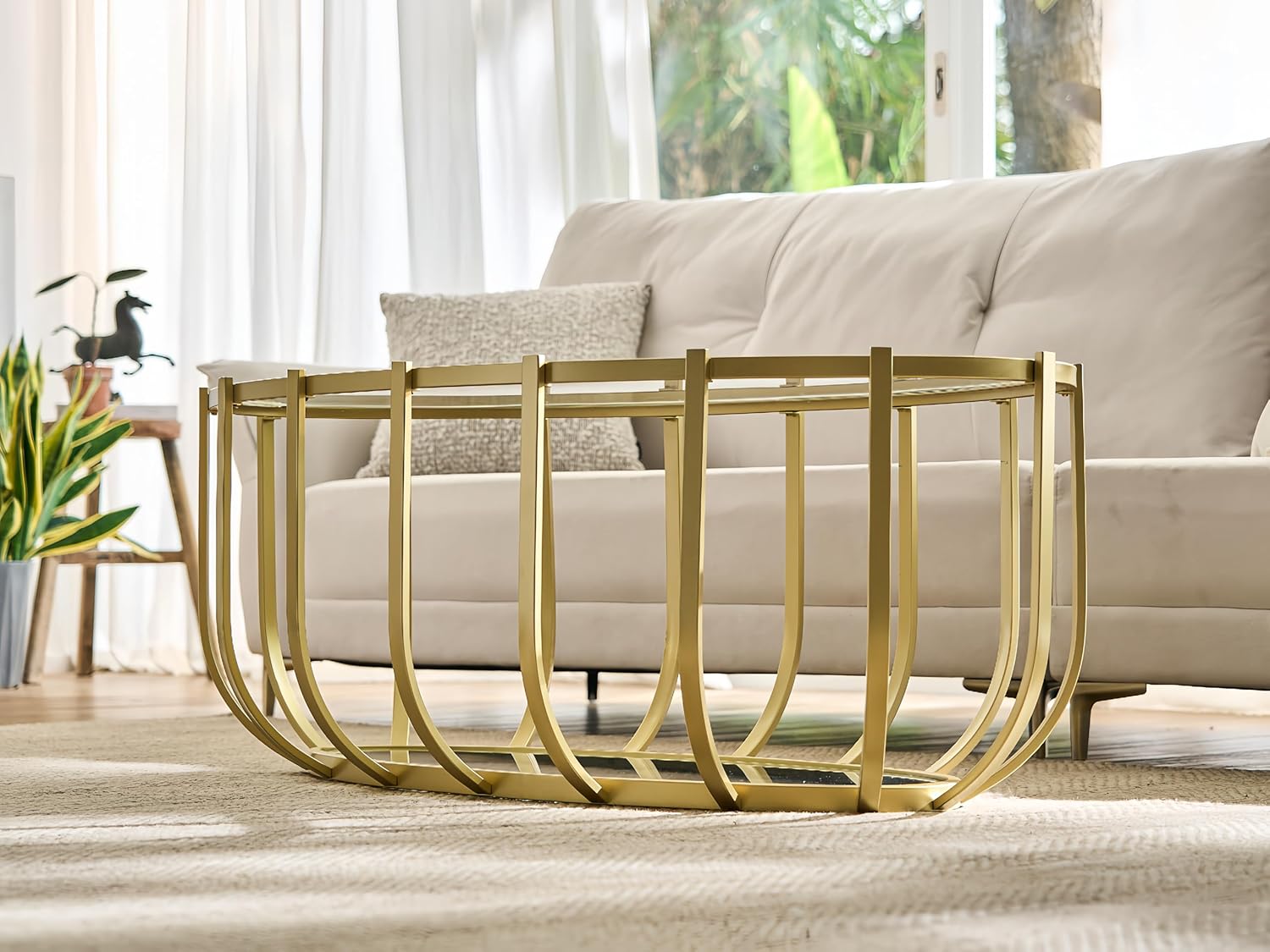 Shrine Gold Oval Glass Coffee Table, Mid-Century Modern Design, 2-Tier Structure, Clear Glass Top and Shelf, 42.5" D x 22.8" W x 16.5" H, Glam Gold Metal Cage-Frame