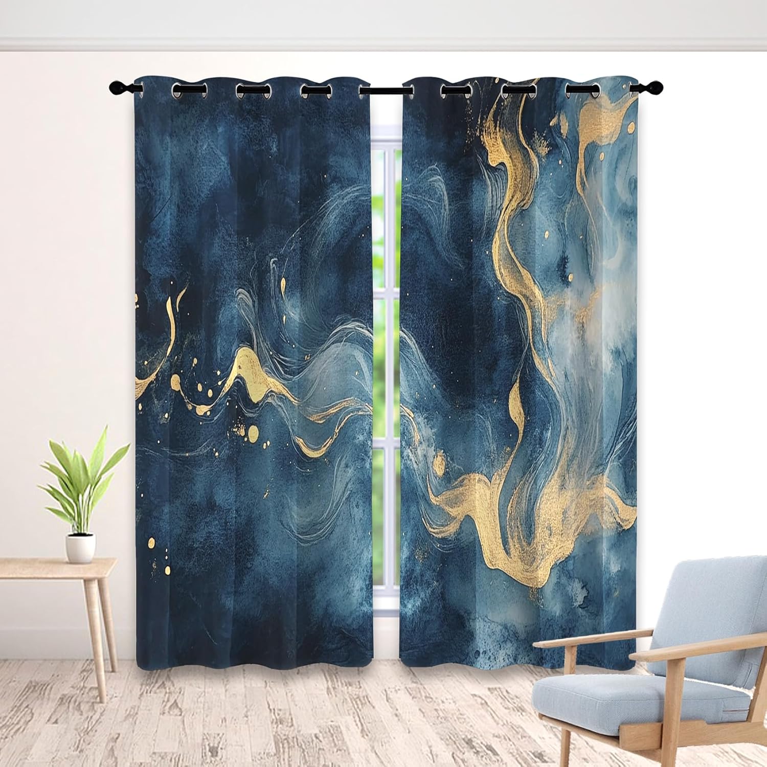 Black Gold White Marble Curtains for Kitchen Windows Blackout, Modern Luxury Curtains for Bedroom Living Room Decor, Abstract Drapes 39 Length 2 Panels, Grommet Curtain 27.5 x 39 Inch