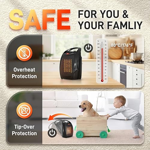 Miniatura 3 de Rintuf Calentador de espacio pequeño, calentador eléctrico de 1500 W, calentador de cerámica de calentamiento rápido PTC con 3 modos, termostato