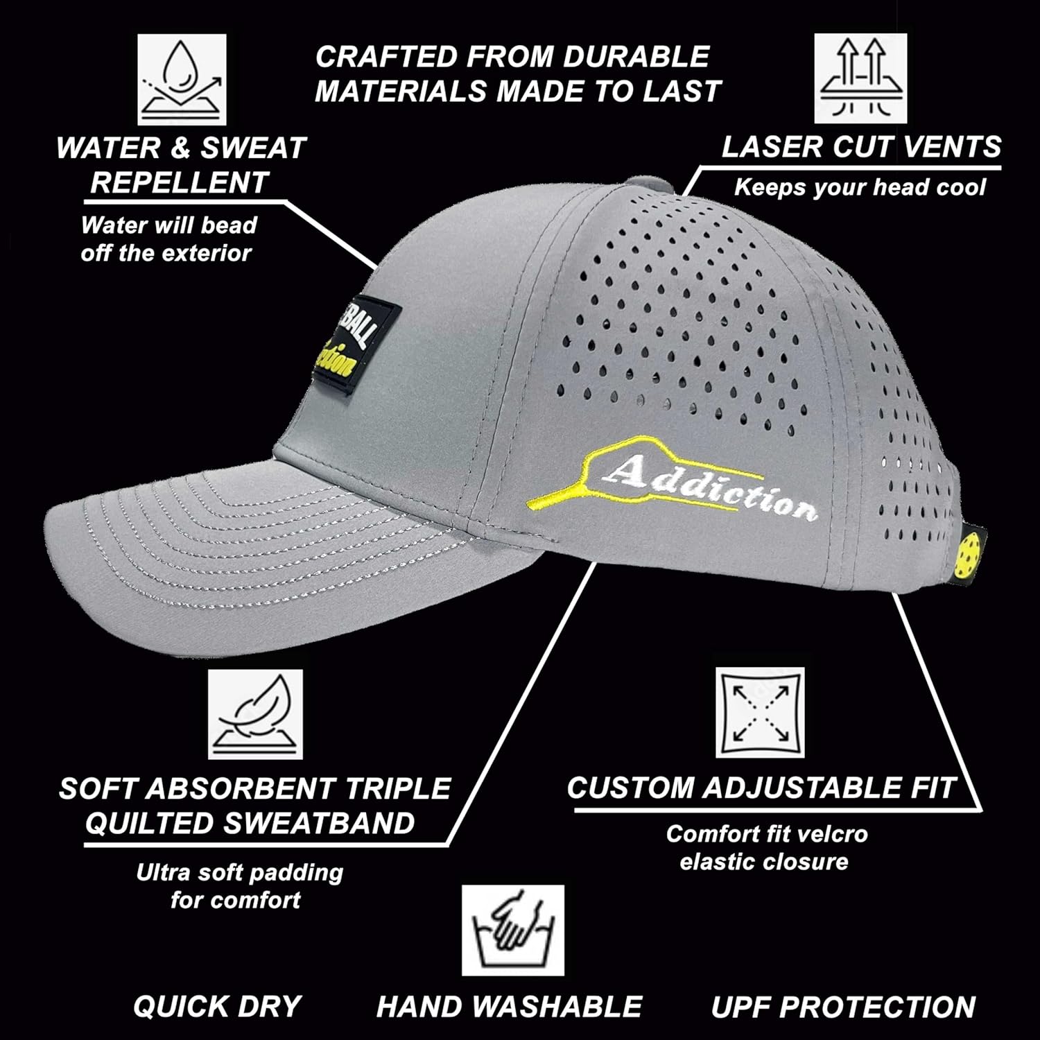 Unisex Pickleball hat. No Sweat Stains, Ultimate Comfort, Designed & Sold by a US Pickleball Family.