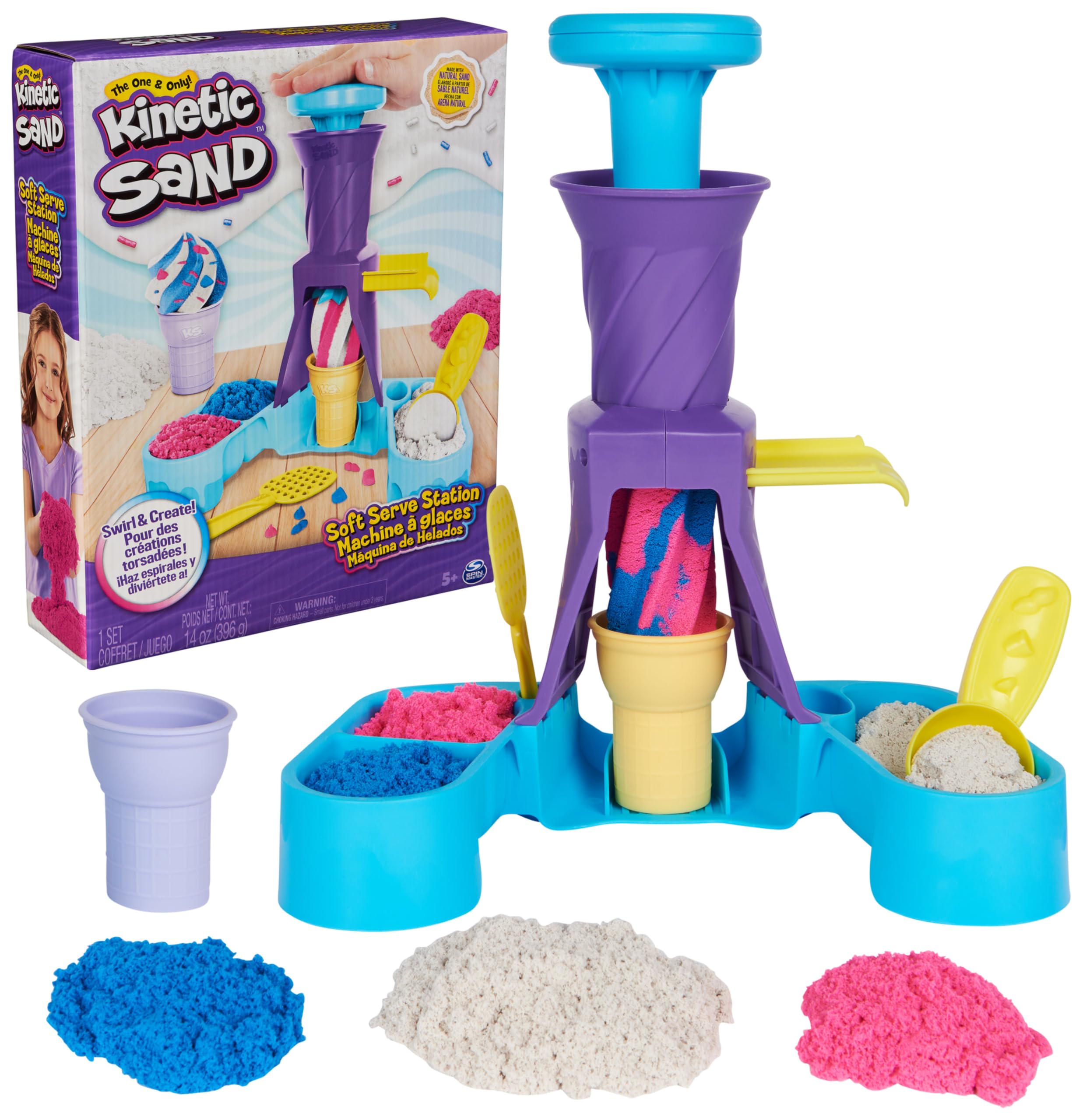 Kinetic Sand, Gelateria Colorata, Sabbia Cinetica Colorata, 396g di Sabbia Blu, Rosa e Bianca, 2 Coni Gelato Giocattolo, 2 Strumenti per Decorare, Giocattoli per Bambini e Bambine, 3+ Anni