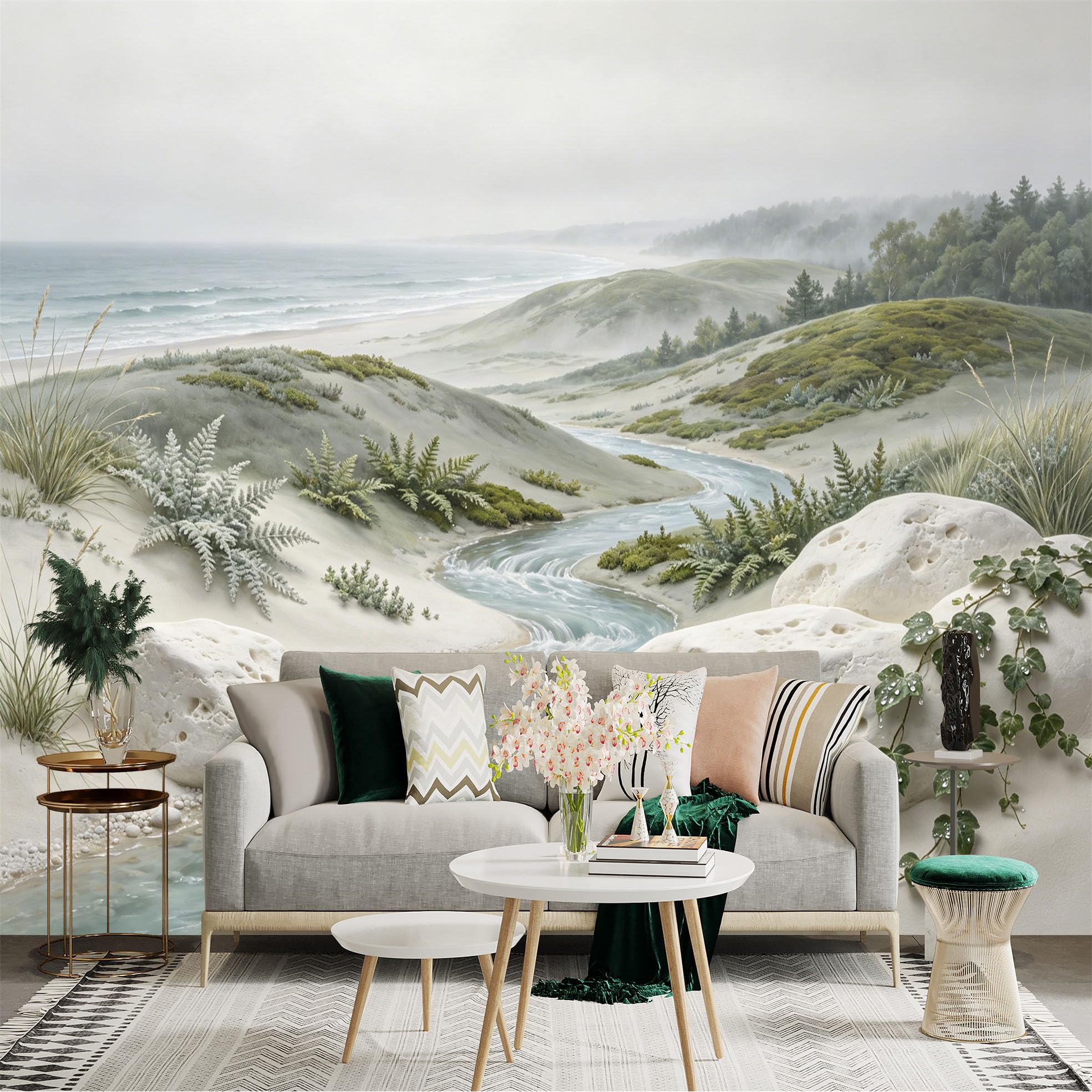 Custom Size Wall Sticker Mural， Coastal Landscape with River， Sand Dunes and Ocean View， for wall Decoration， peelandstick wall Decals.