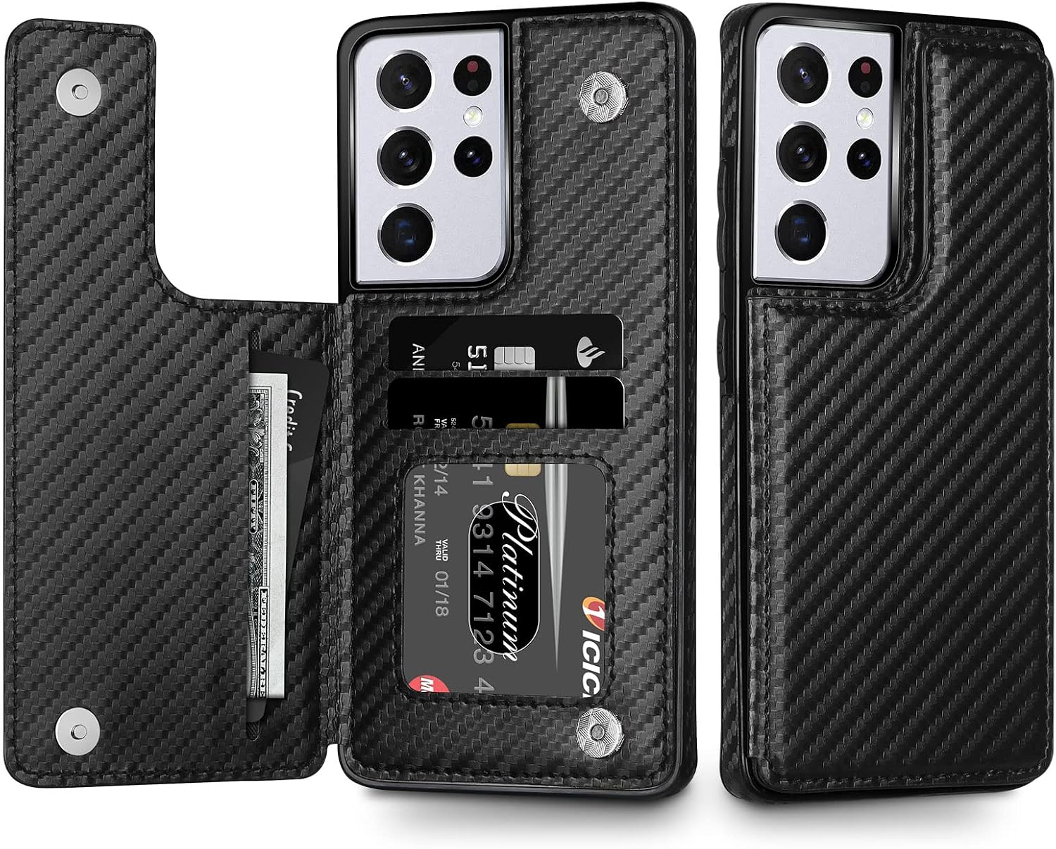 HianDier Compatible with Samsung Galaxy S21 Ultra Wallet Case 5G 6.8 Inch Slim Protective Case with Credit Card Slot Holder Flip Folio Soft PU Leather Magnetic Closure Cover, Carbon Fiber Black