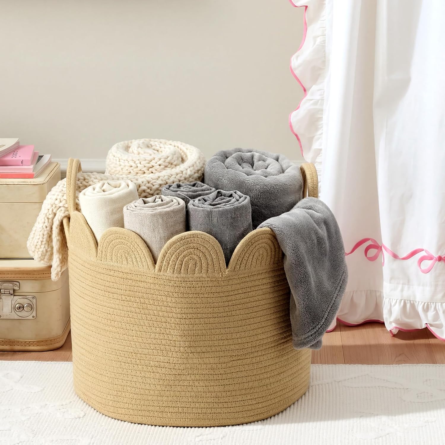 LemonRoad Brown Rope Basket Scalloped Woven Baskets 15.8"L x 15.8"w X13.8"h Cotton Storage Round Basket for Nursery Classroom Closet Blankets Storage Home Decor