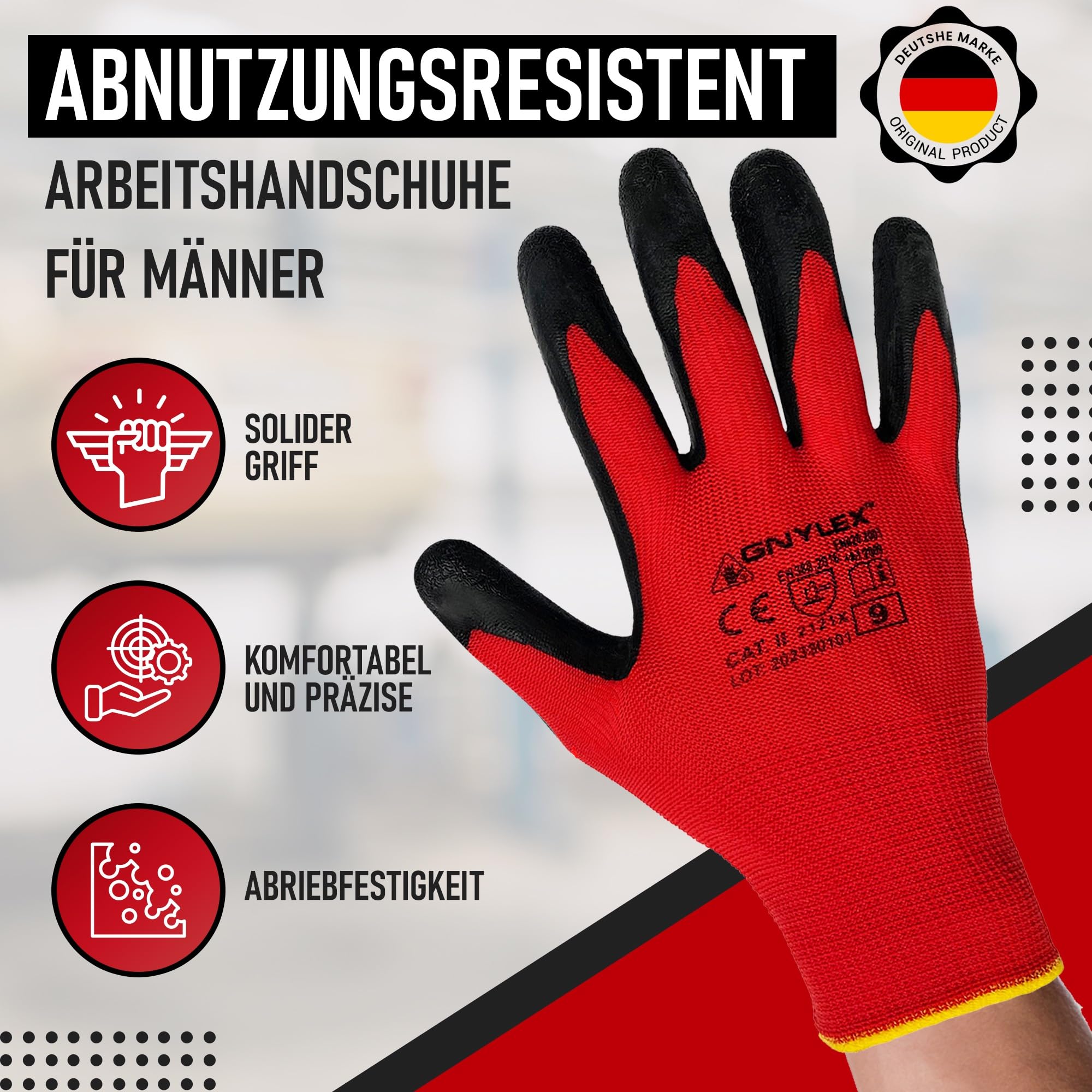 12 Paar Abriebfest Arbeitshandschuhe Herren - Gartenhandschuhe und Montagehandschuhe mit Latexbeschichtung - Werkstatt Schutzhandschuhe Mechaniker Handschuhe - Größe 10-XL