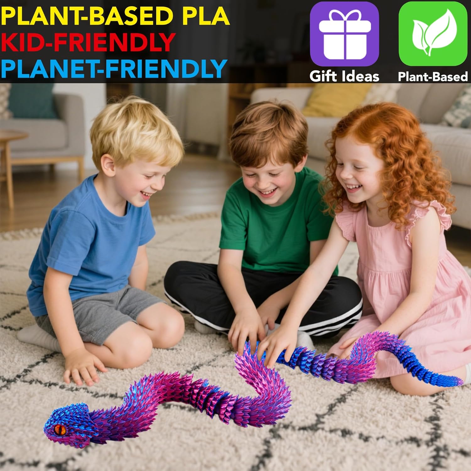 48.8" Articulated Snake Toy, 3D Printed Flexible Jointed Serpent with Openable Jaw & Movable Teeth, Color-Shift Multicolor Desk Fidget, Reptile Decor (Iridescent Blue Purple/48.8 Inch)