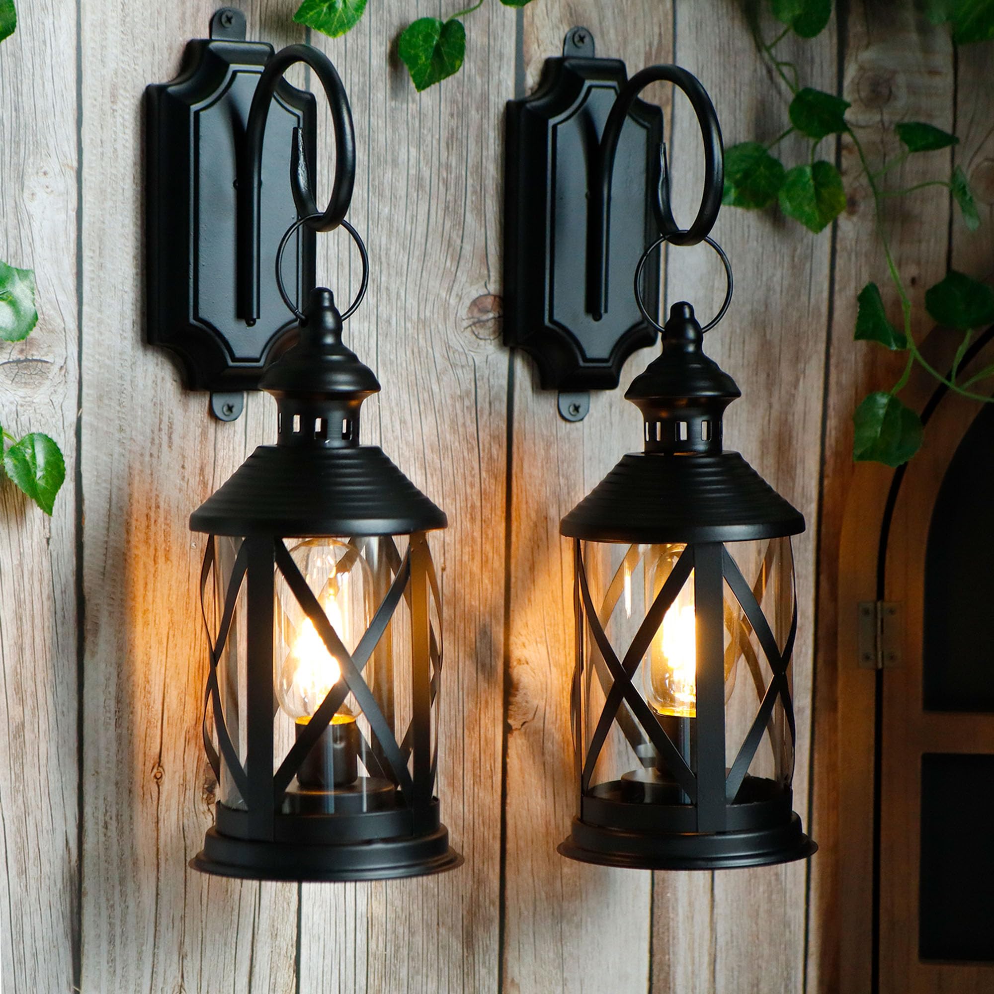 TRIROCKS Set de 2 Appliques Murales Métalliques à Batterie 26 cm Haut, Lanternes Décoratives Sans Fil avec Lumières LED Edison pour Décor Maison, Patio, Jardin, Soirées (Noir)