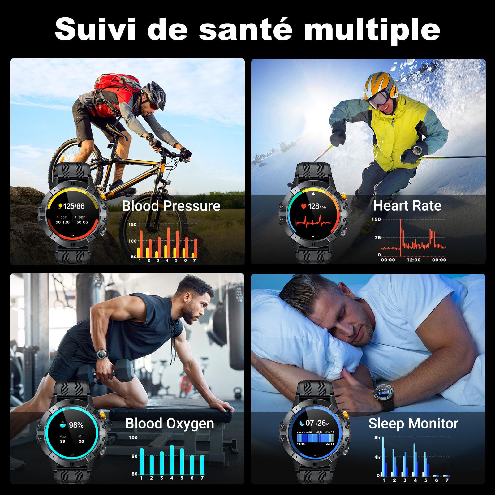 VIRAN Montre Connectée Homme 1.52" Militaire Smartwatch Appel Bluetooth Moniteur Pression Artérielle Fréquence Cardiaque Sommeil IP68 Android iOS Noir