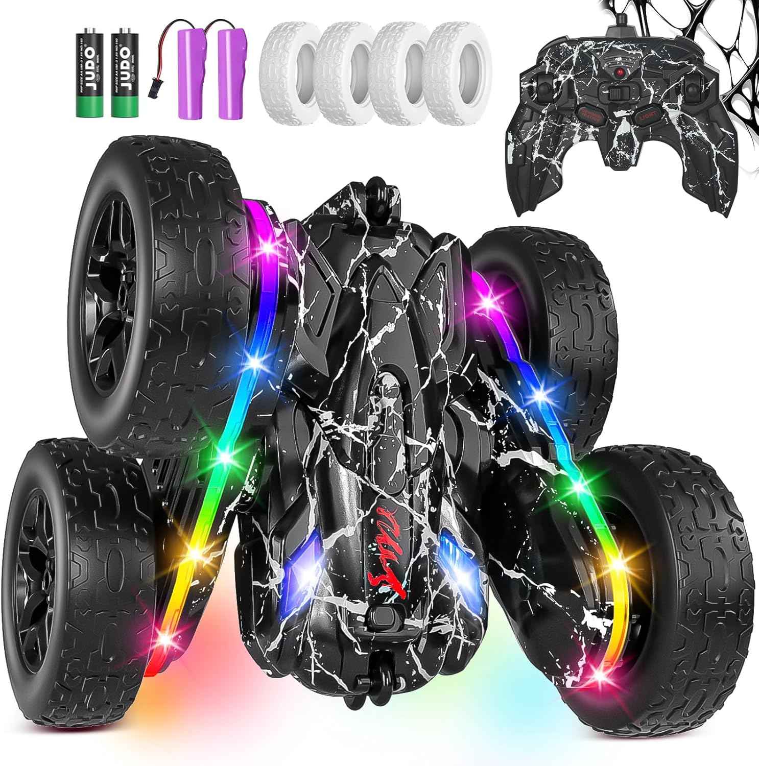 rc cars toys for boys remote control car 2.4 ghz black toys for boys kids toys new upgraded strip lights 360  rotating rc truck birthday (black)