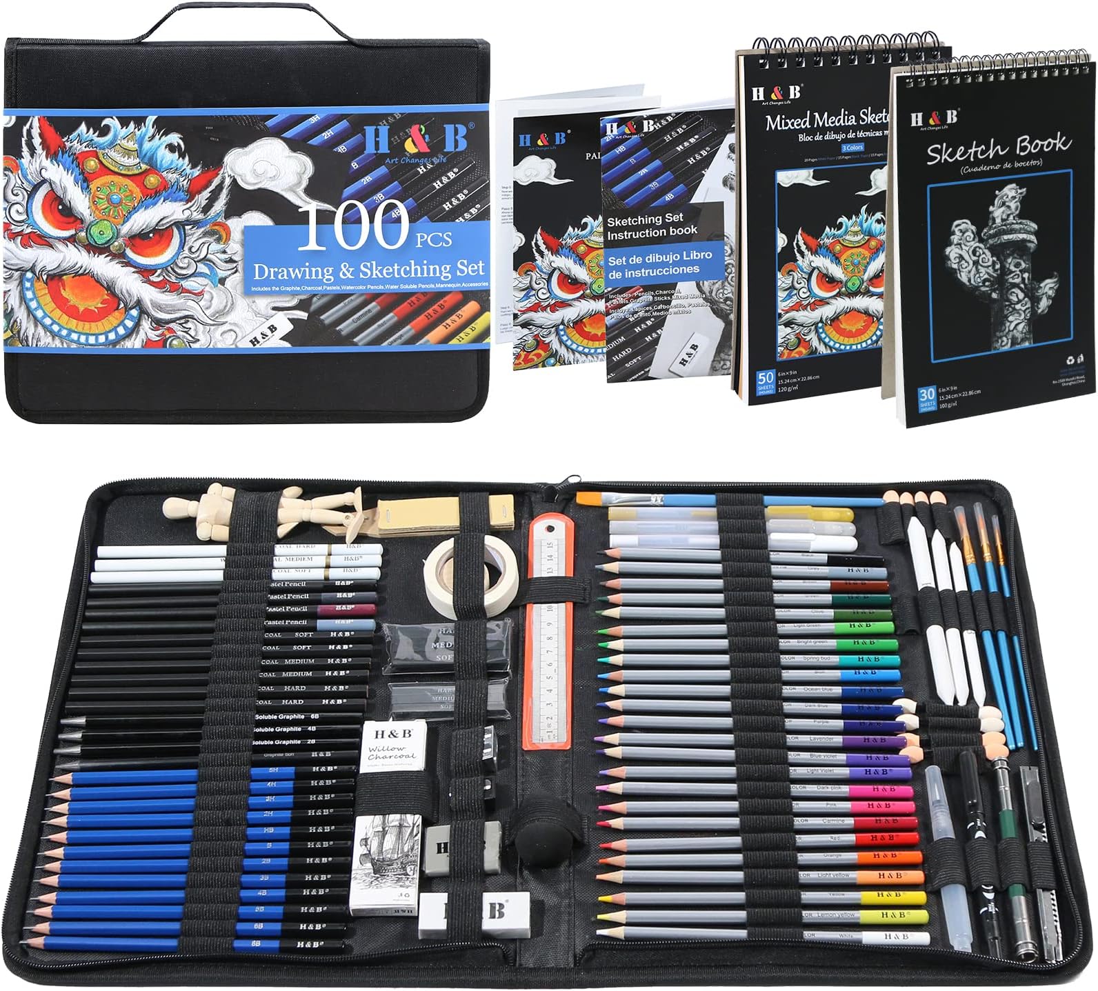 100pcs Sketching Set with Sketch Pads – Drawing Supplies for Adults and Teens, Watercolour Pencils, Charcoal Pencils, Shading Tools – Ideal Art Gift for Beginners & Artists