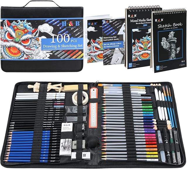 H & B Sketch Pad and Pencil Set 100pack Sketching Pencils Set with Sketch Book Drawing Sets for Adults with Watercolor Pencils, Sketching Pencils for Artists,Begineers and Kids
