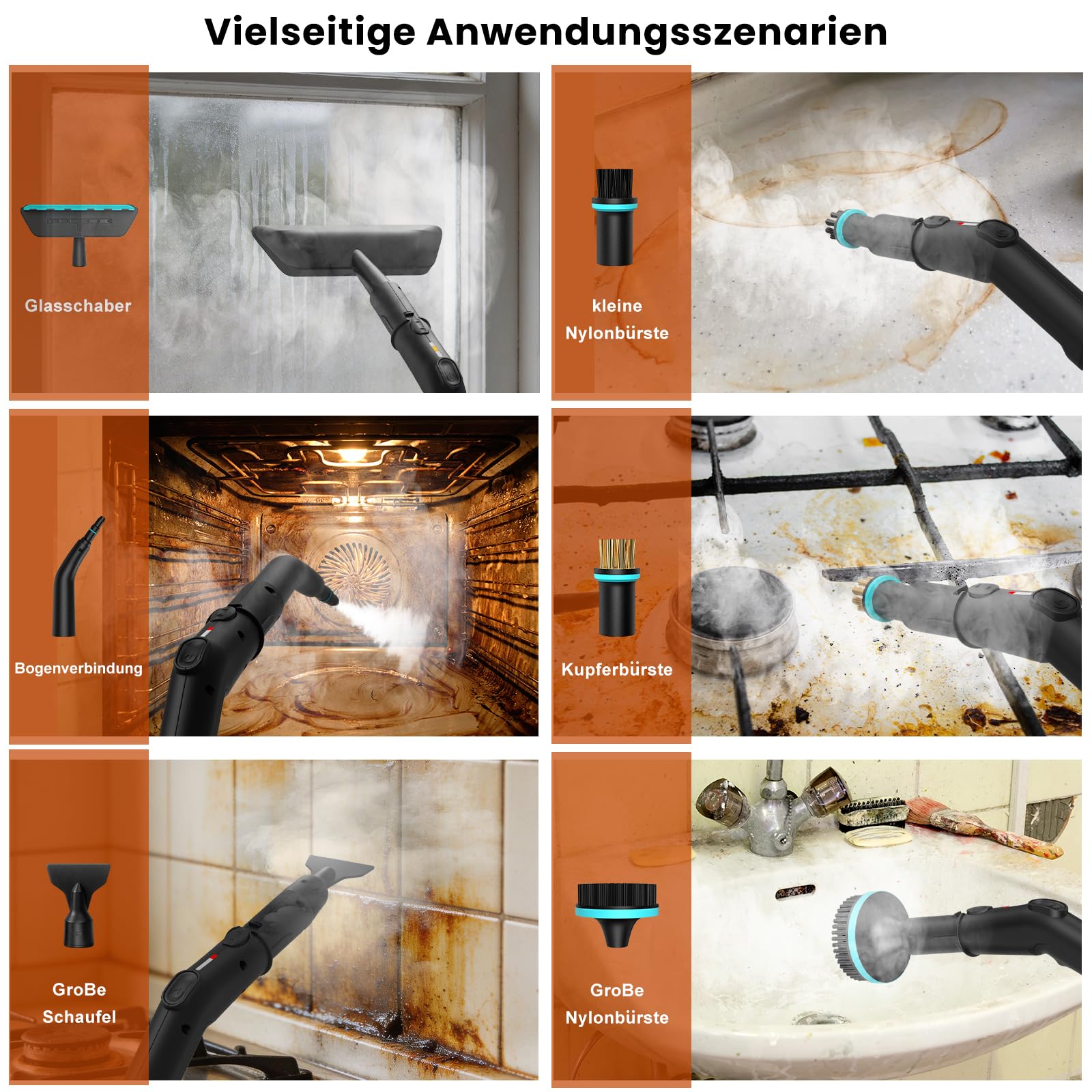 14 in 1 Dampfreiniger, 3 Stufig Einstellbarer Griff, Temperaturanzeige, 15 Sekunden Aufheizzeit, 1,8 L Wassertank, für Küche, Bad, Auto und Möbel (Schwarzweiß)